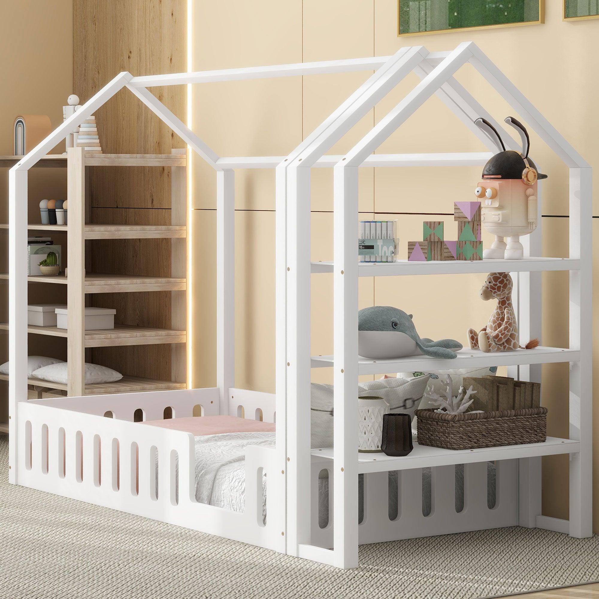 🆓🚛 Twin Size Wood House Bed With Fence & Detachable Storage Shelves, White