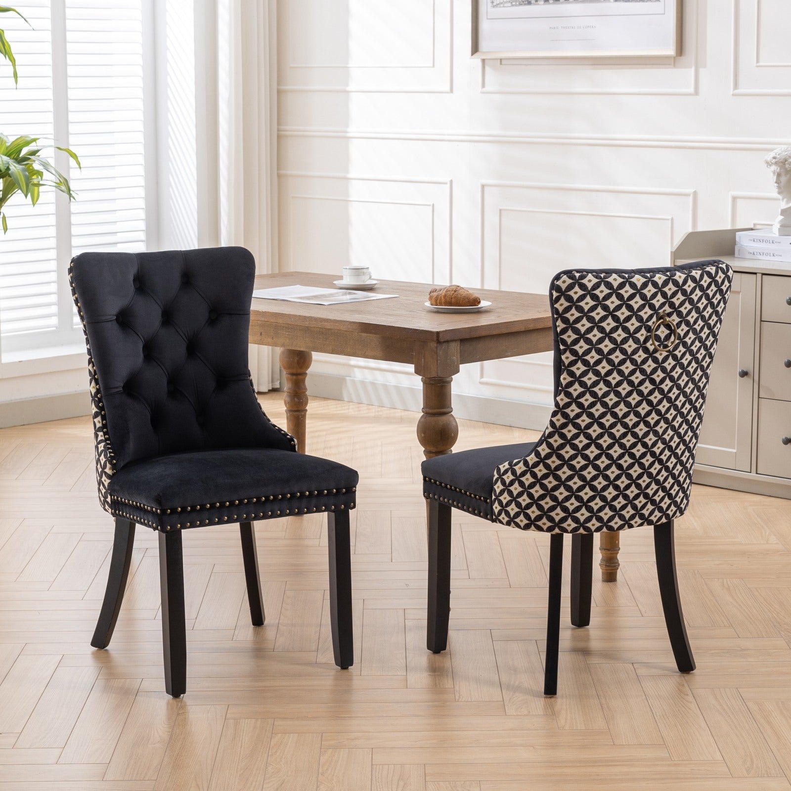 🆓🚛 Classic Velvet Dining Chairs, High-End Tufted, Solid Wood, Contemporary, Wood Legs, Nailhead, Set of 2, Black & Patterned