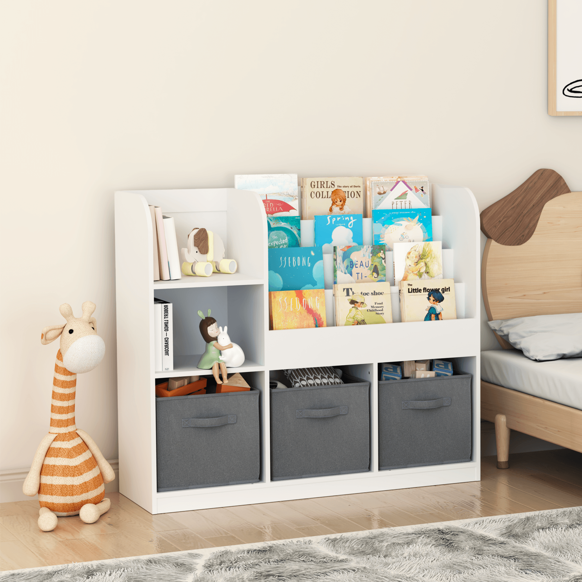 🆓🚛 Kids Bookcase & Bookshelf, Multifunctional Bookcase With 3 Collapsible Fabric Drawers, Bookcase Display Stand, Toy Storage Organizer for Bedroom, Playroom, Hallway (White/Gray)