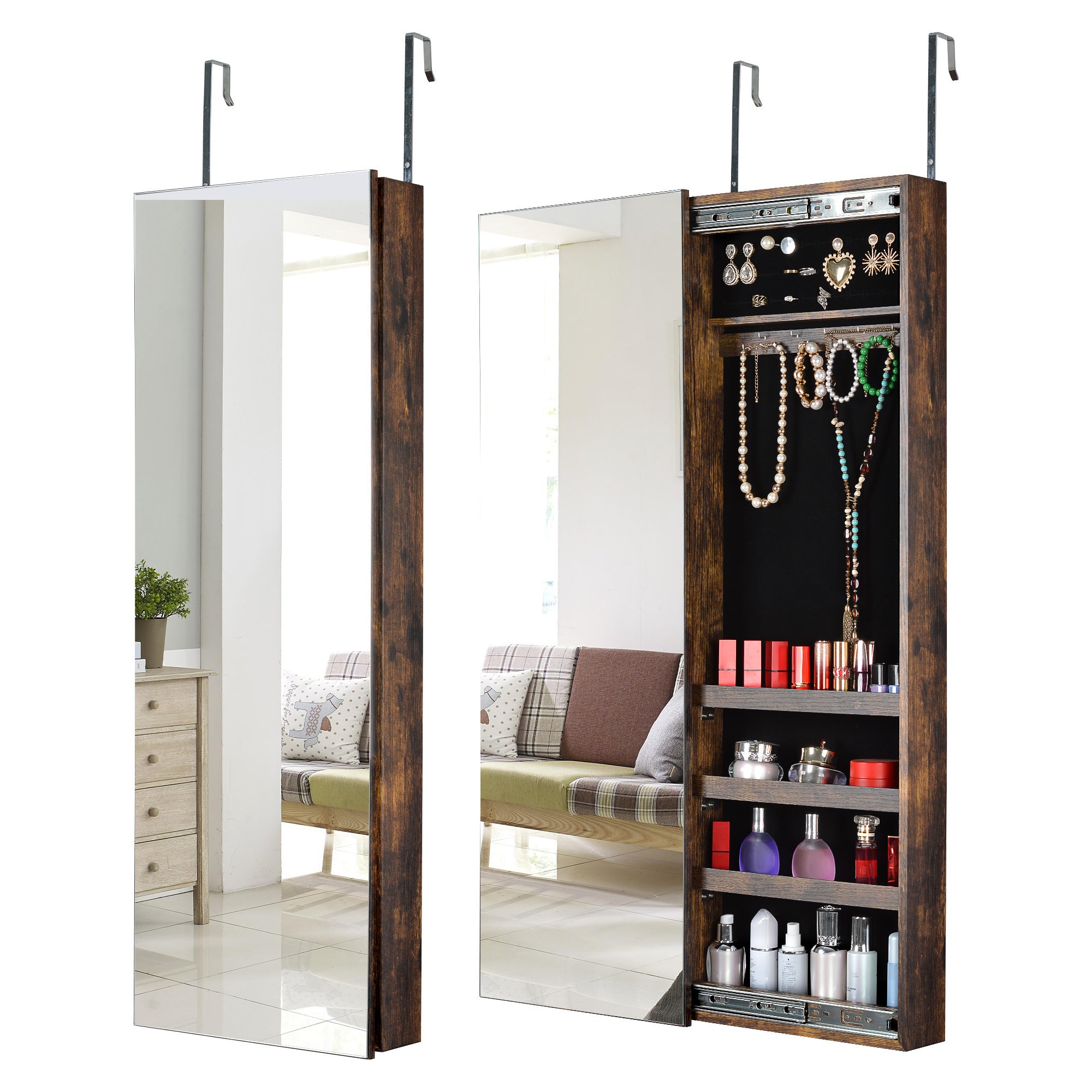 🆓🚛 Full Mirror Jewelry Storage Cabinet With With Slide Rail Can Be Hung On The Door Or Wall