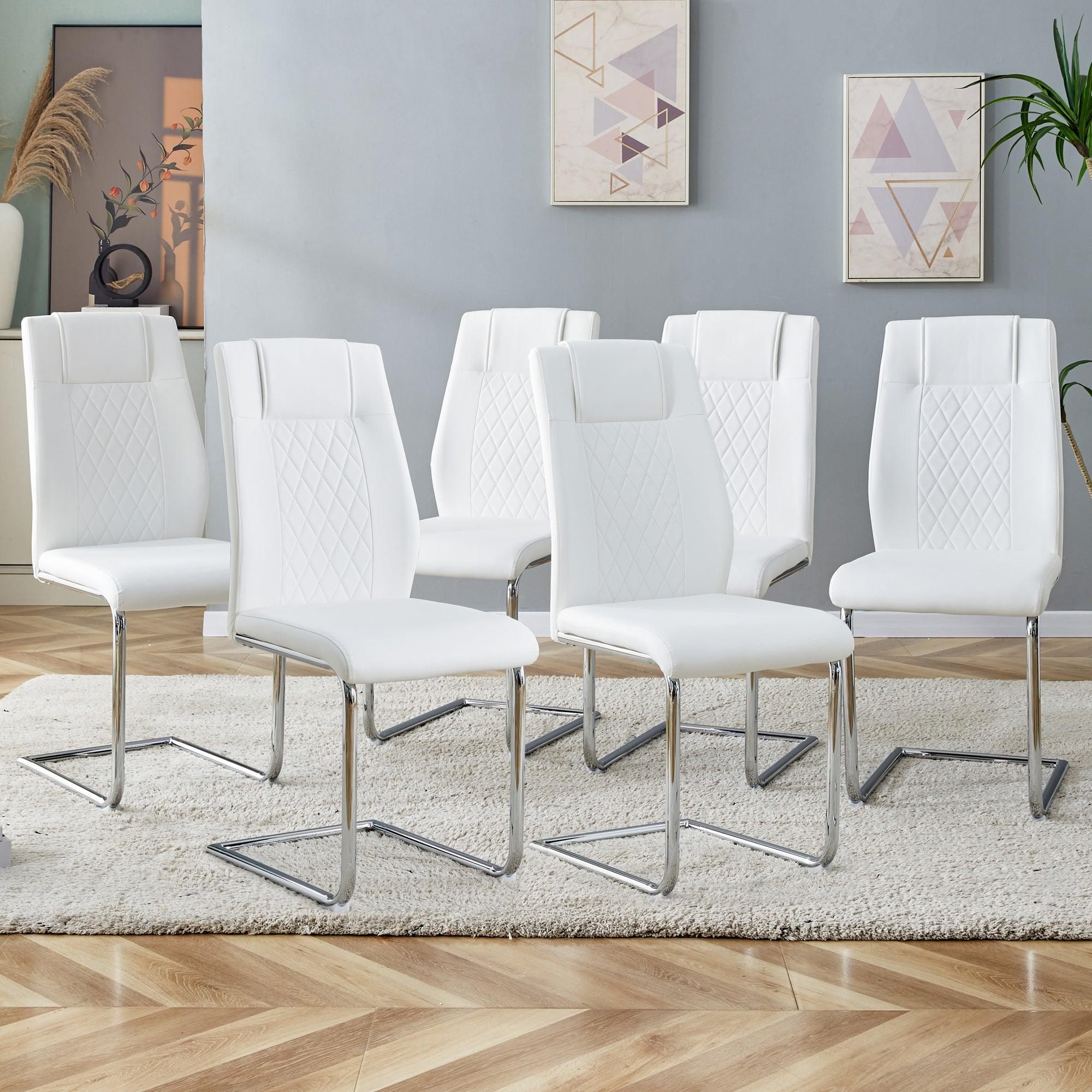 🆓🚛 Modern Dining Chairs With Faux Leather Padded Seat Dining Living Room Chairs Upholstered Chair With Metal Legs Design for Kitchen, Living, Bedroom, Dining Room Side Chairs Set Of 6 (White+Pu )