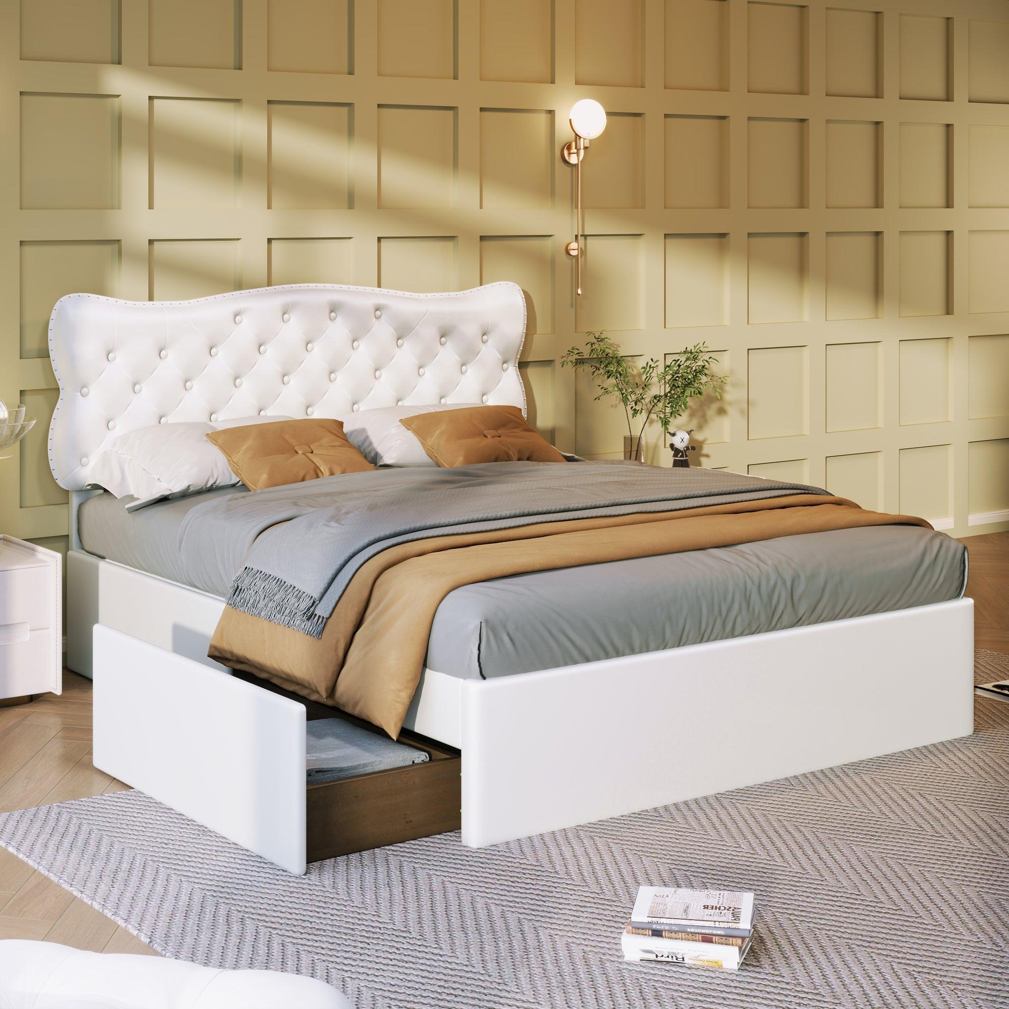 🆓🚛 Full Size Bed Frame With 4 Storage Drawers, Faux Leather Upholstered Platform Heavy Duty Bed, Wood Slat Support, White