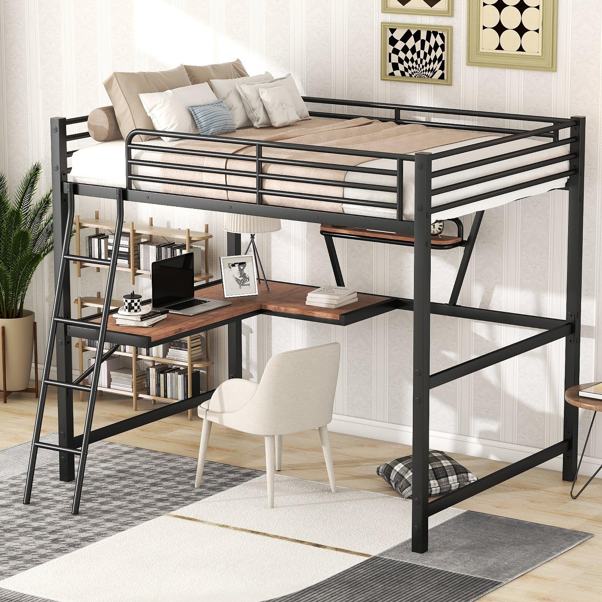 🆓🚛 Full Size Loft Metal & MDF Bed With Desk & Shelf, Black