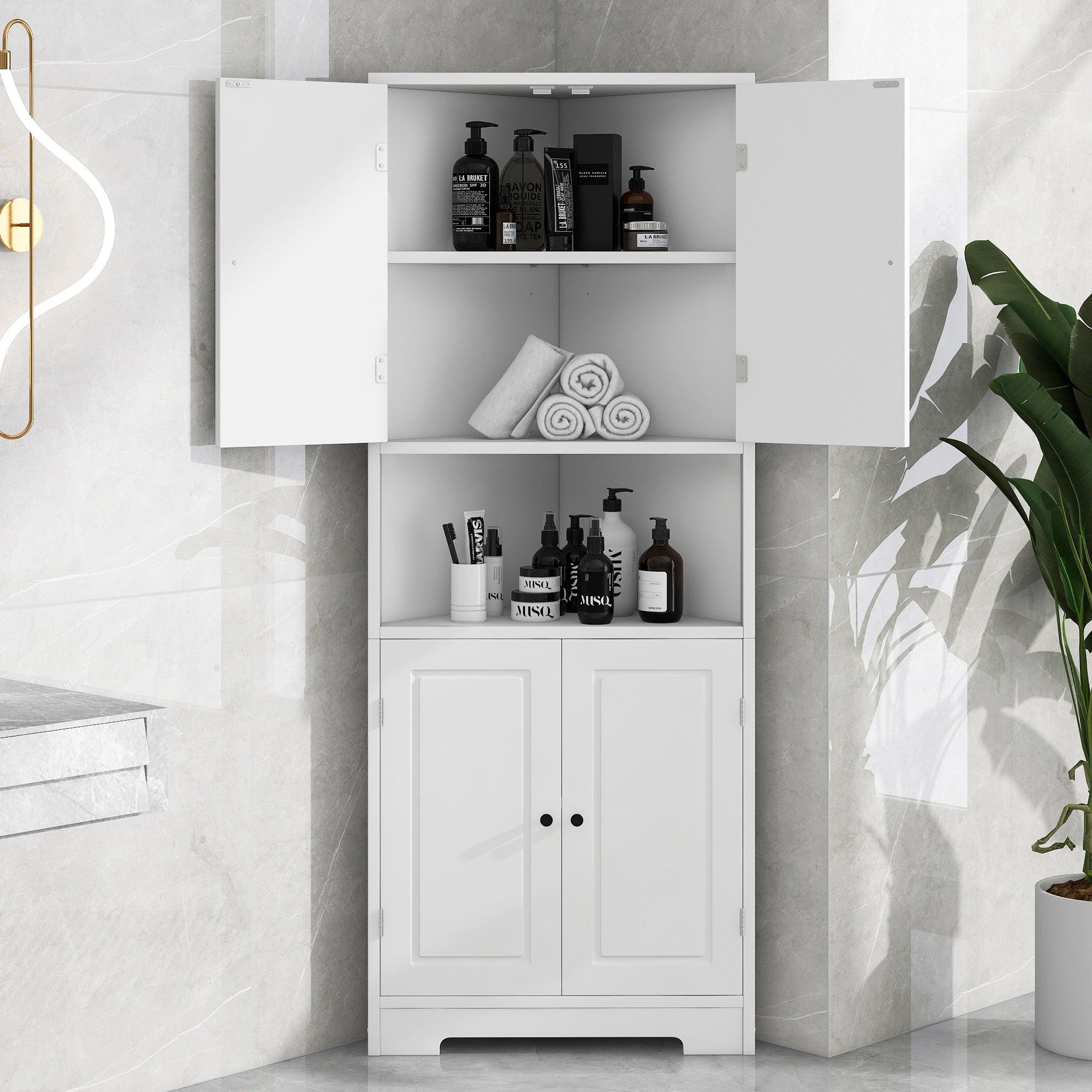 🆓🚛 Tall Bathroom Storage Cabinet, Corner Cabinet With Doors & Adjustable Shelf, Mdf Board With Painted Finish, White