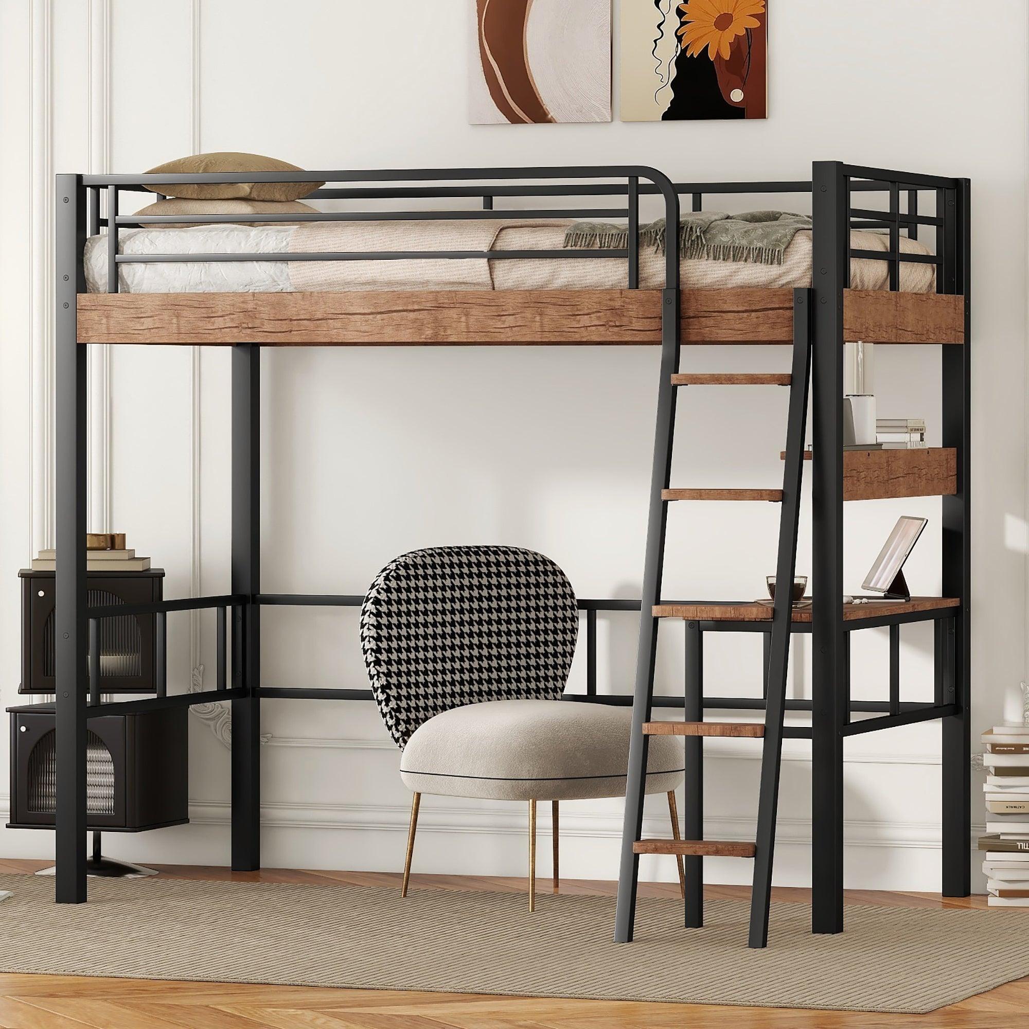 🆓🚛 Metal Twin Size Loft Bed With Built-in Desk, Storage Shelf & Ladder, Black