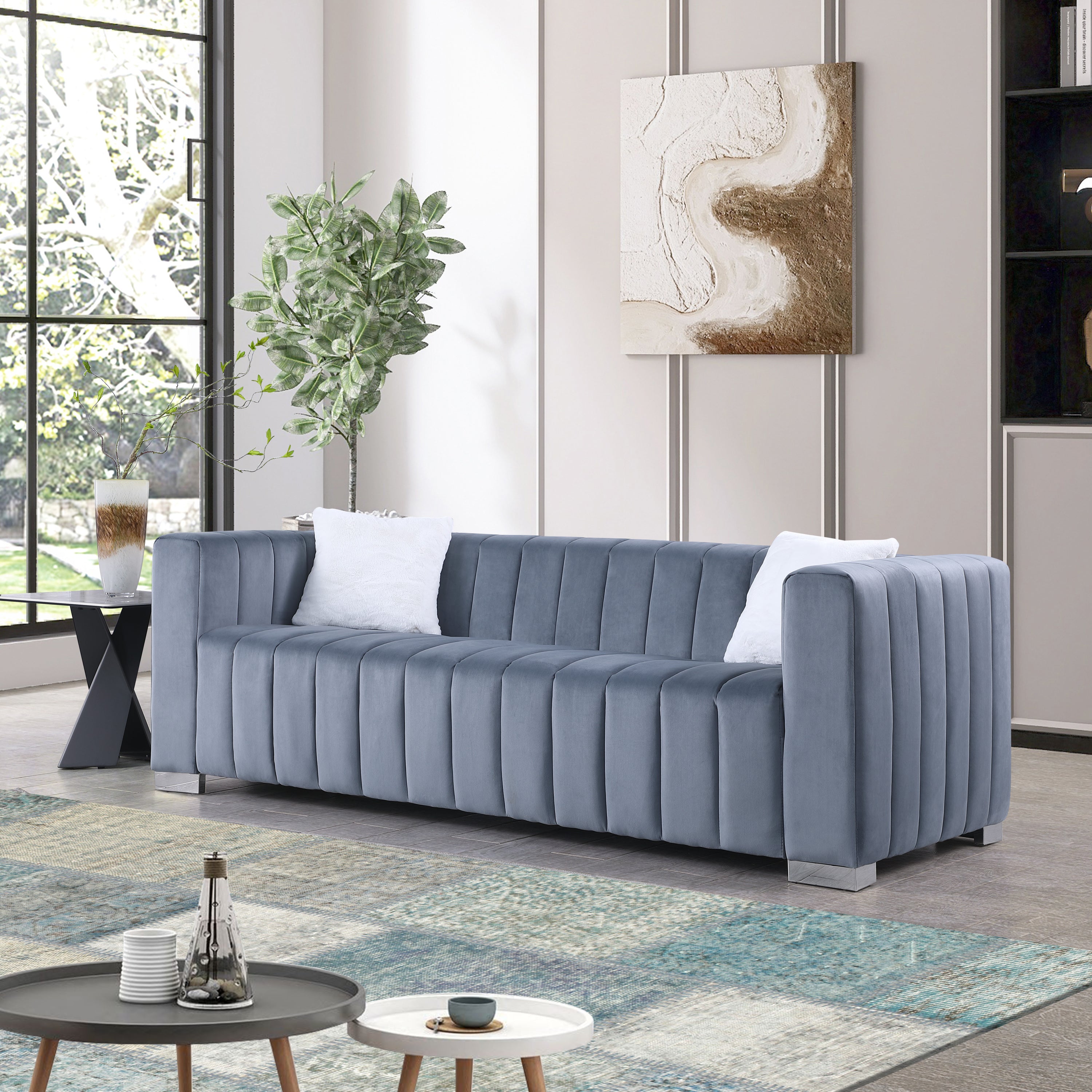 🆓🚛 85.7" Modern 3 Seater Velvet Channel Sofa, Gray