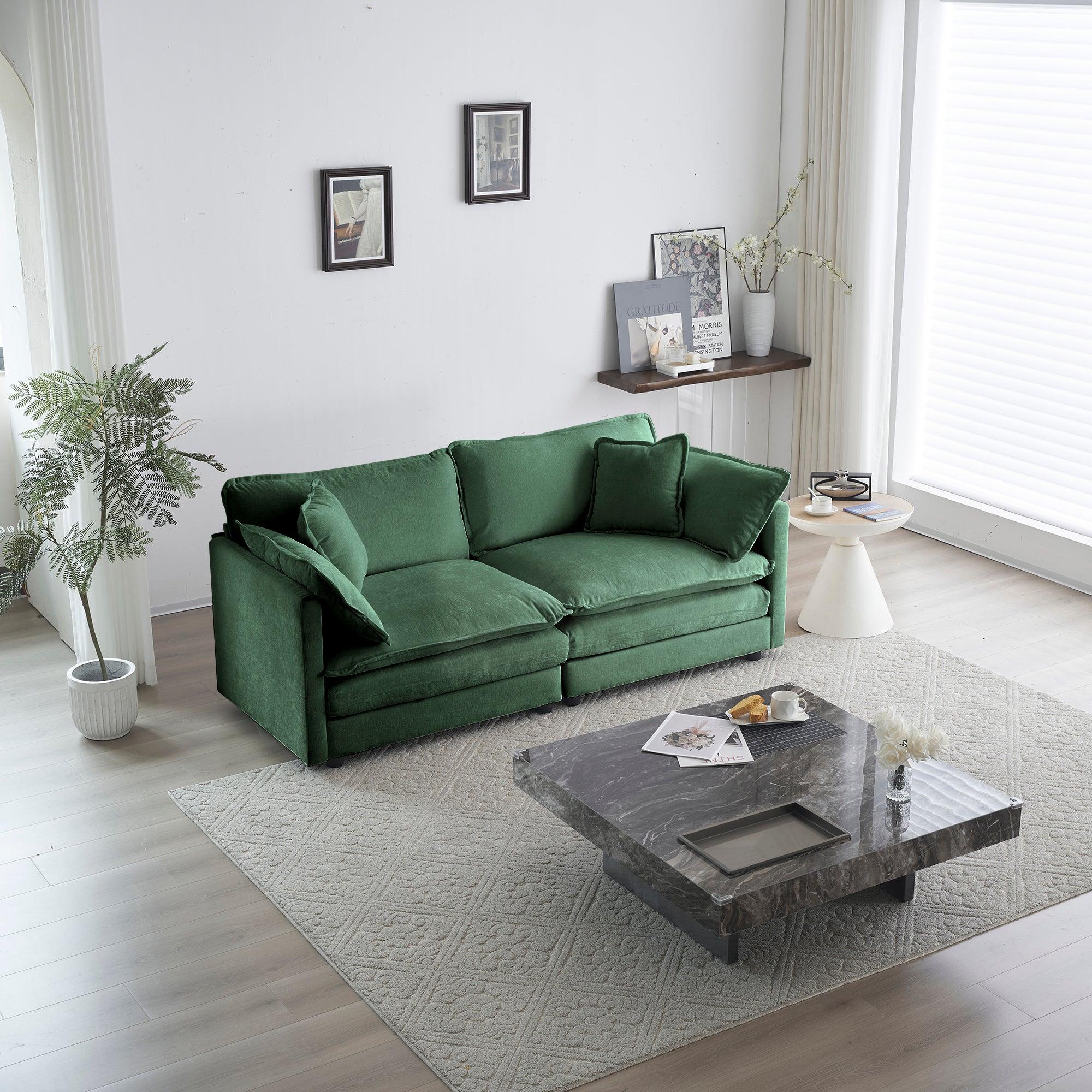 🆓🚛 Modern Fabric Loveseat Sofa Couch for Living Room, Upholstered Large Size Deep Seat 2-Seat Sofa With 4 Pillows, Green Chenille