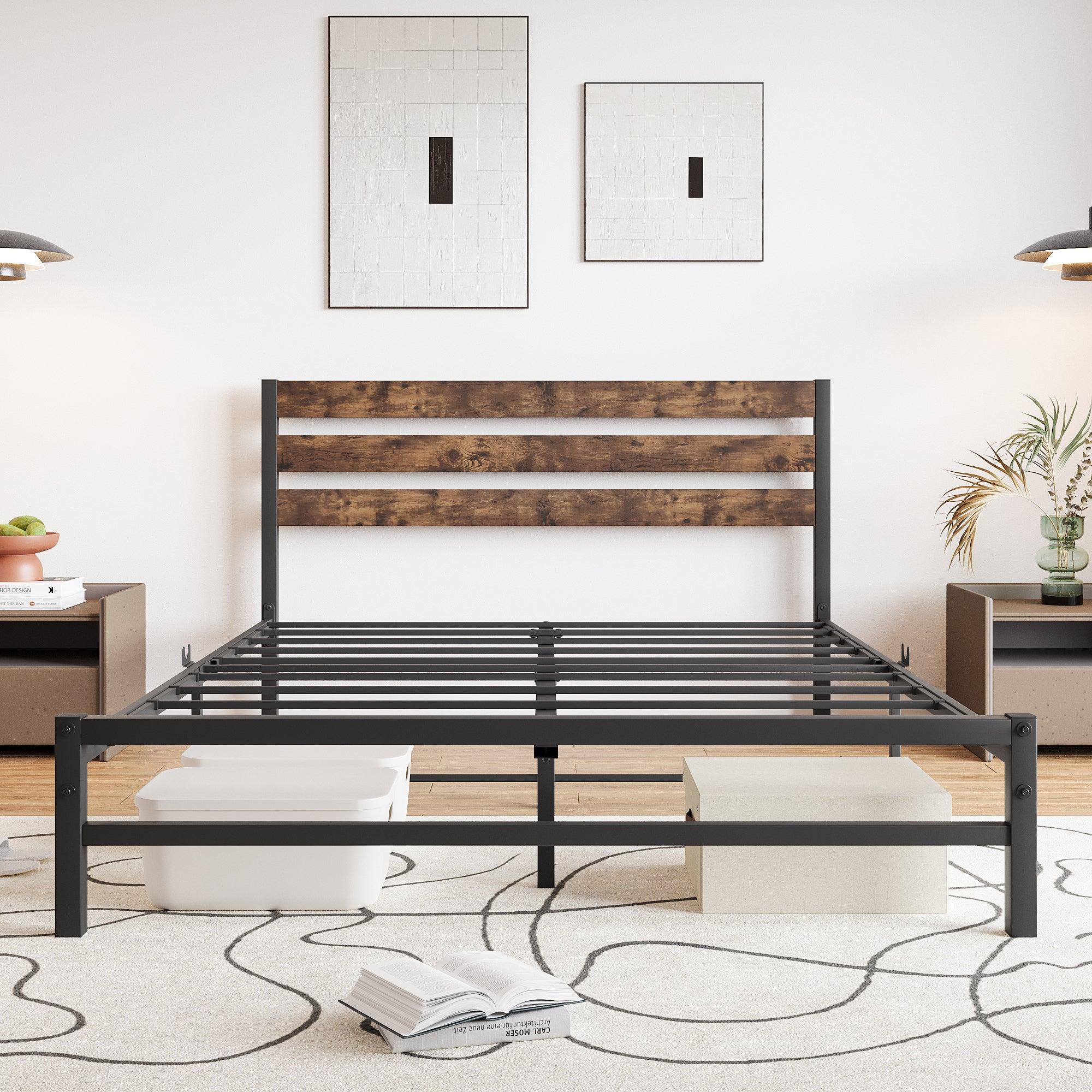 🆓🚛 Queen Size Platform Bed Frame With Rustic Vintage Wood Headboard, Strong Metal Slats Support Mattress Foundation, No Box Spring Needed Rustic Brown