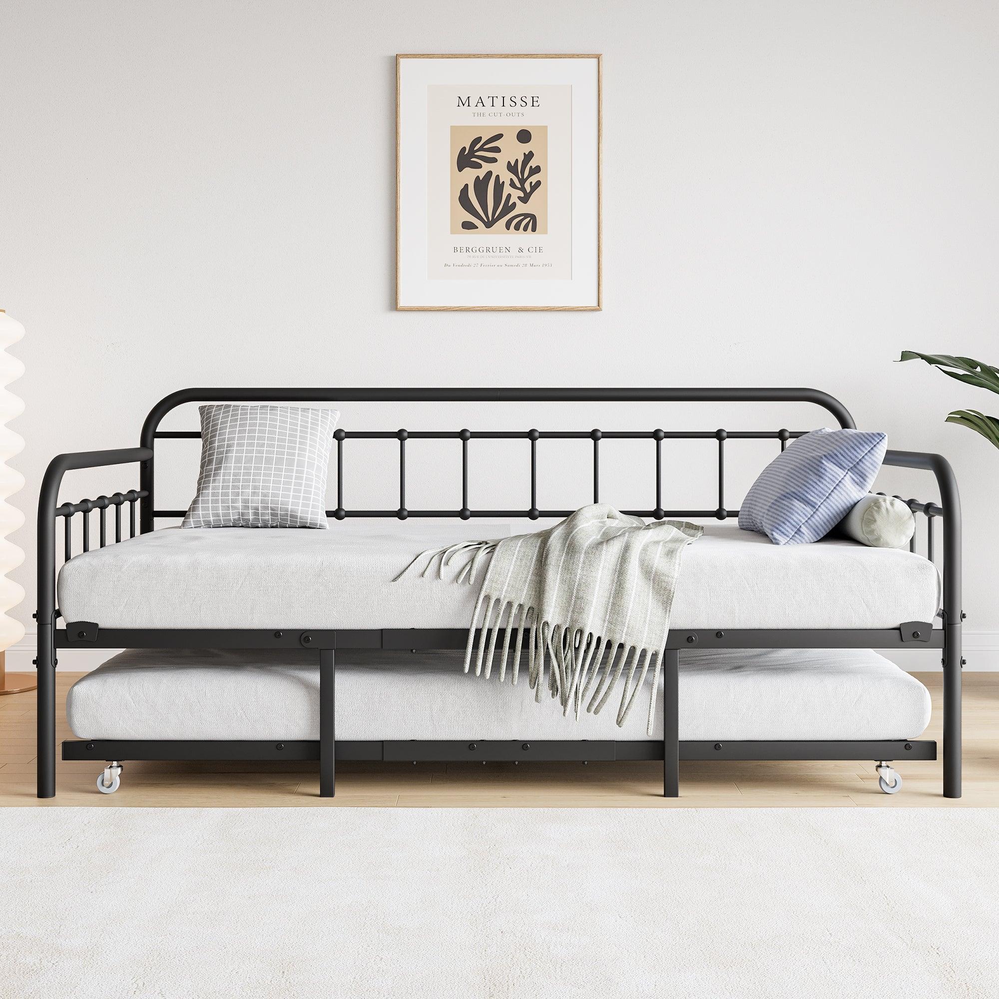 🆓🚛 Twin Size Metal Daybed Frame With Trundle, Heavy Duty Steel Slat Support Sofa Bed Platform With Headboard, No Box Spring Needed, Black