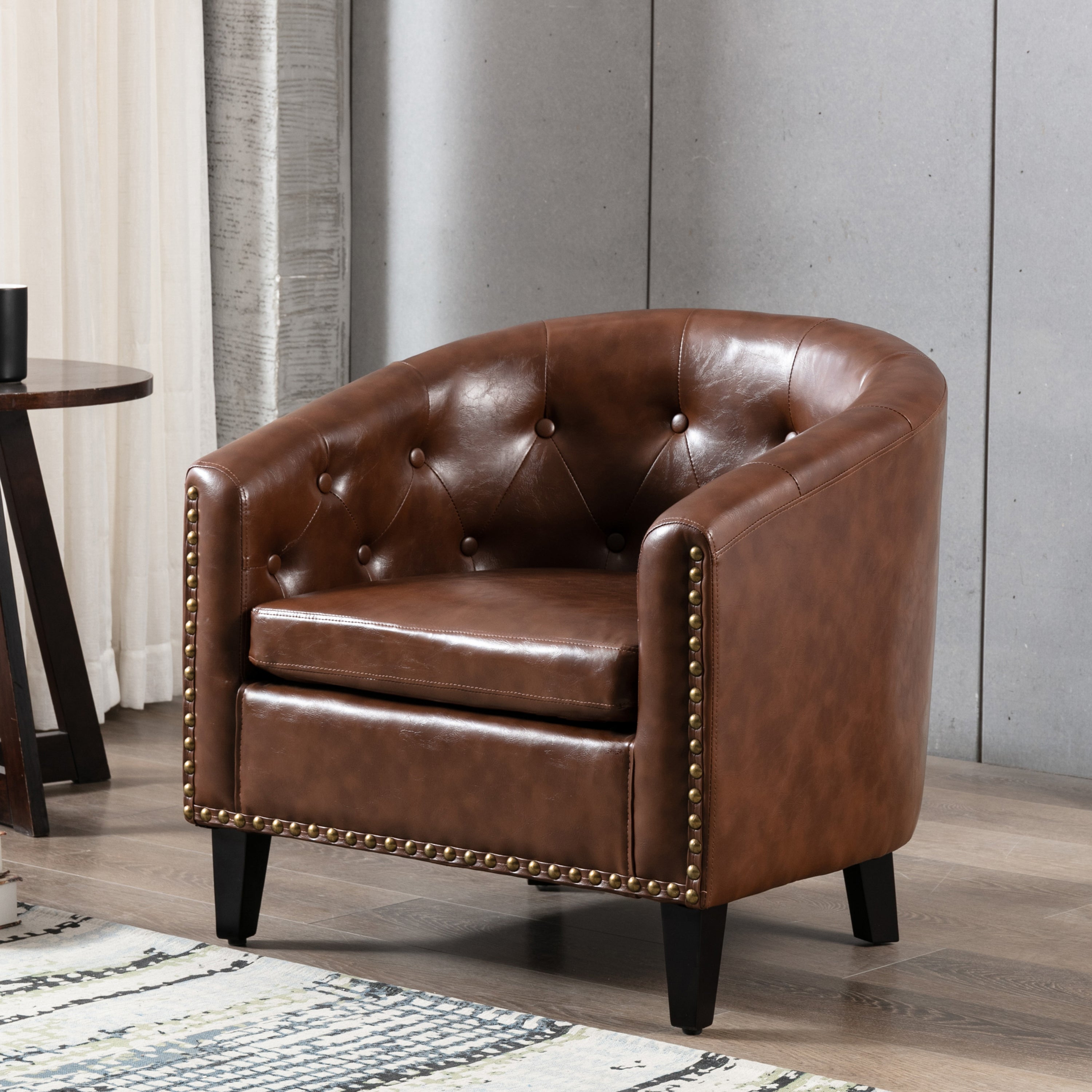 🆓🚛 Pu Leather Tufted Barrel Chair for Living Room & Bedroom, Brown