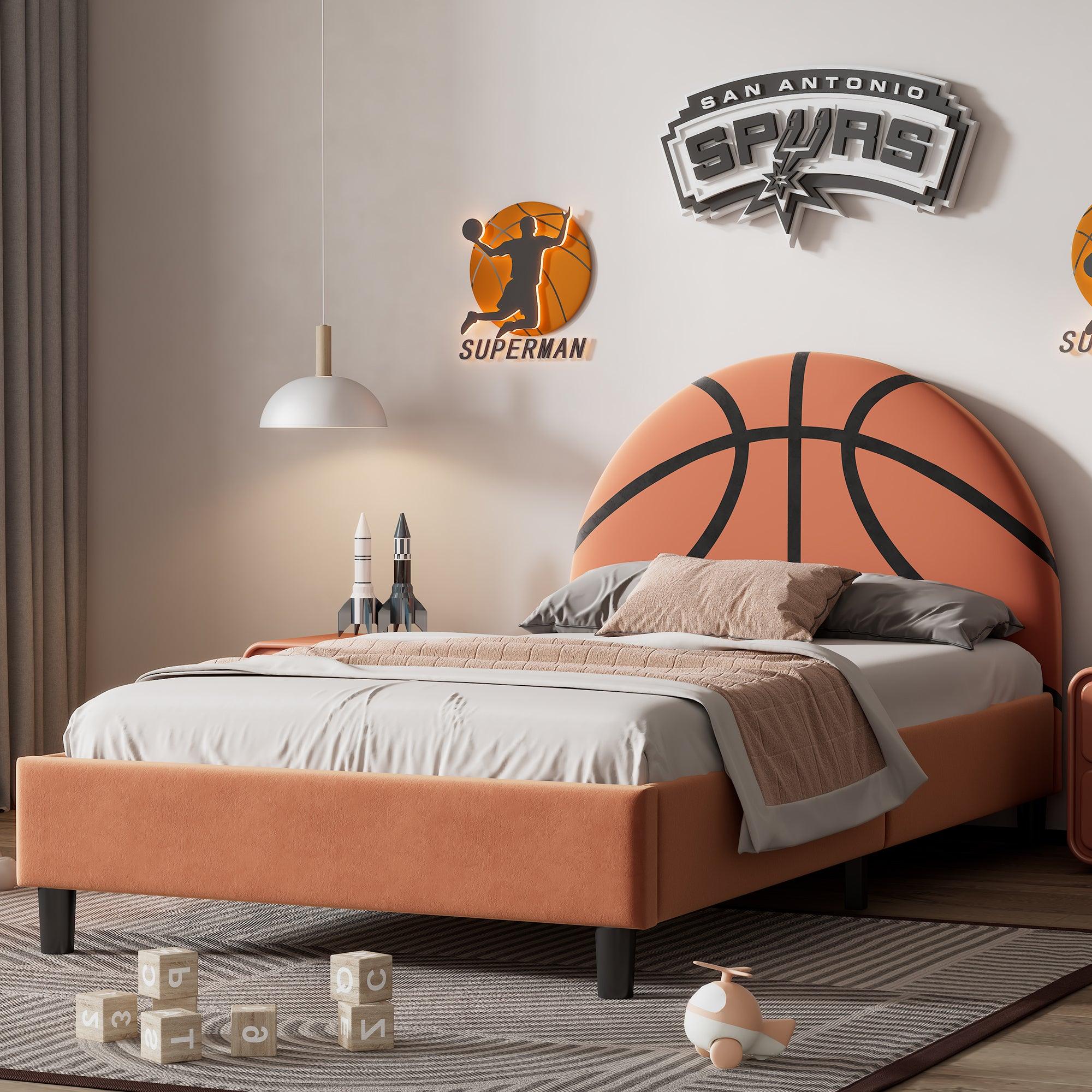 🆓🚛 Basketball Design Upholstered Twin Platform Bed Sport Style Bed for Boys & Girls, Teens, Orange