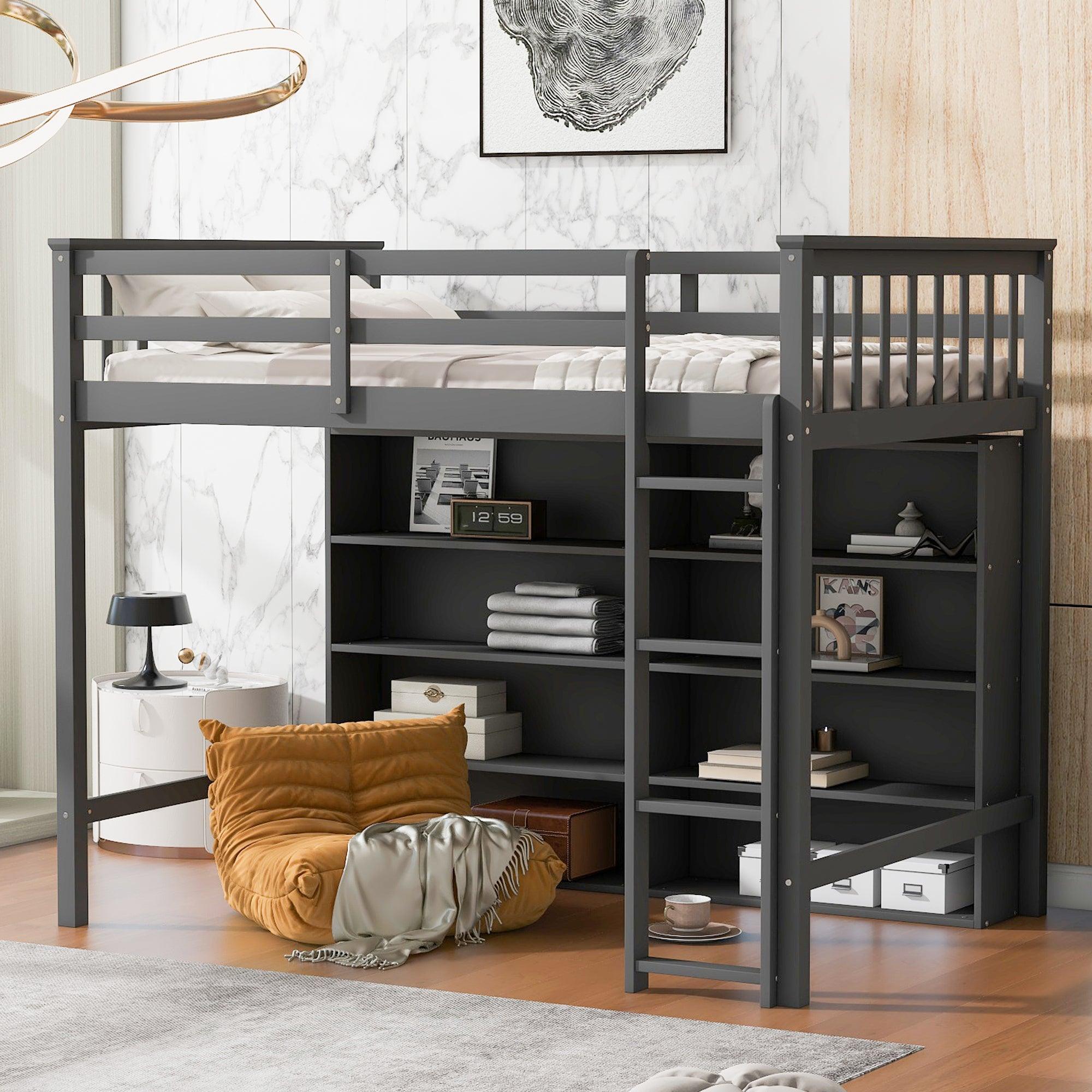 🆓🚛 Twin Size Loft Bed With 8 Open Storage Shelves & Built-in Ladder, Gary