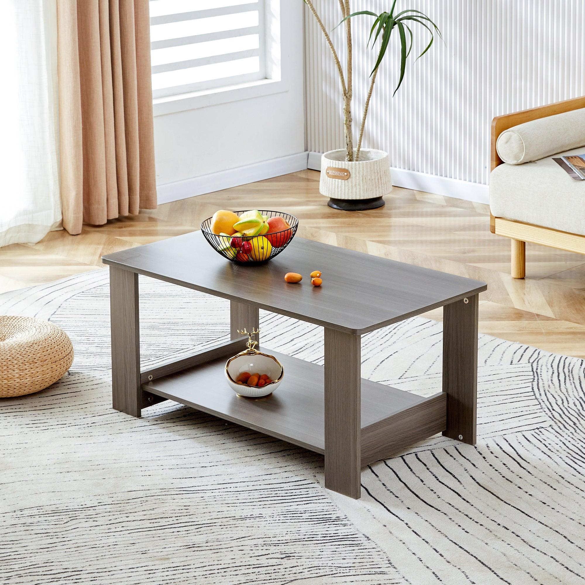 🆓🚛 Modern Minimalist Gray Wood Grain Double Layered Rectangular Coffee Table, Tea Table, for Living Room, Bedroom, & Study Room