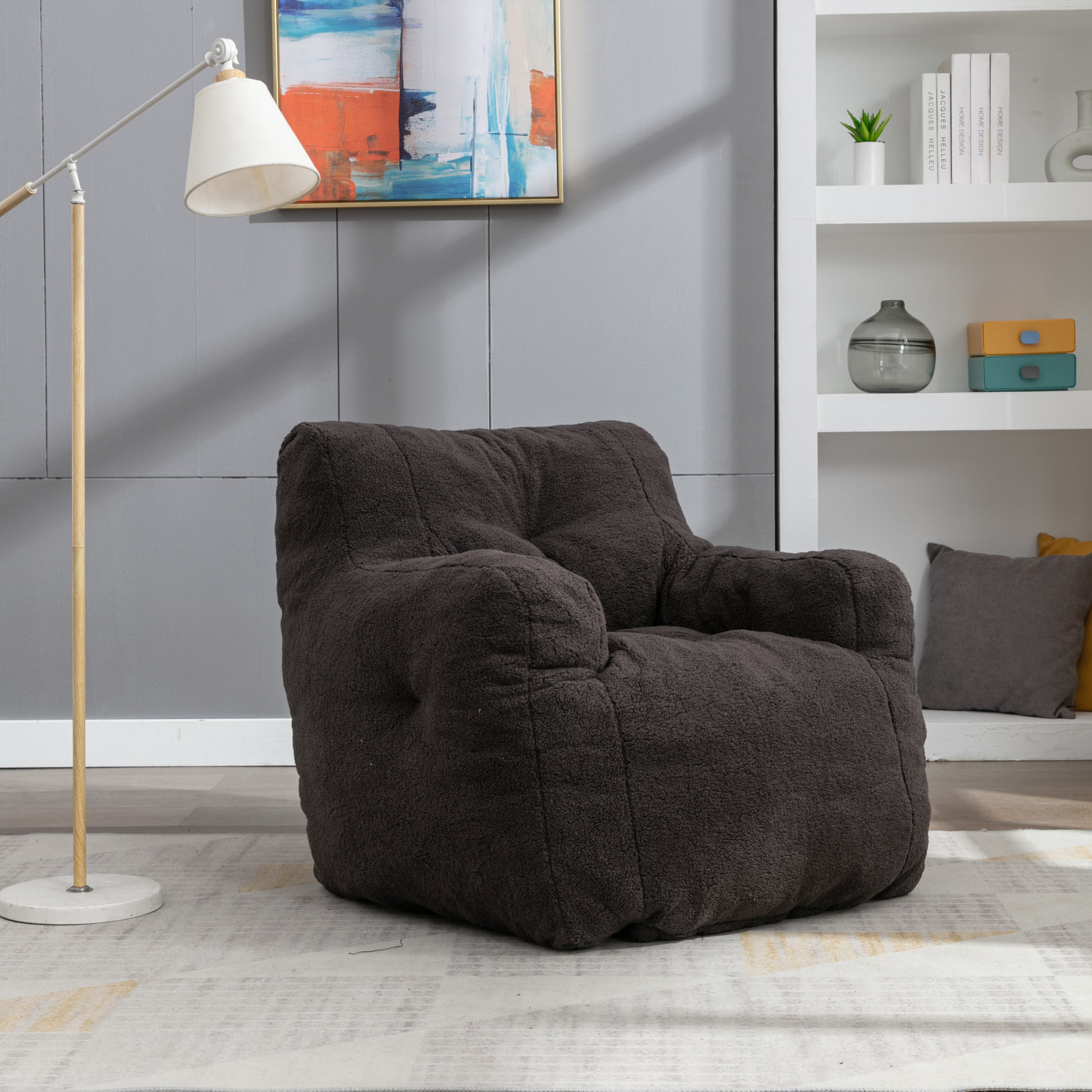 🆓🚛 Soft Tufted Foam Bean Bag Chair With Teddy Fabric, Dark Gray