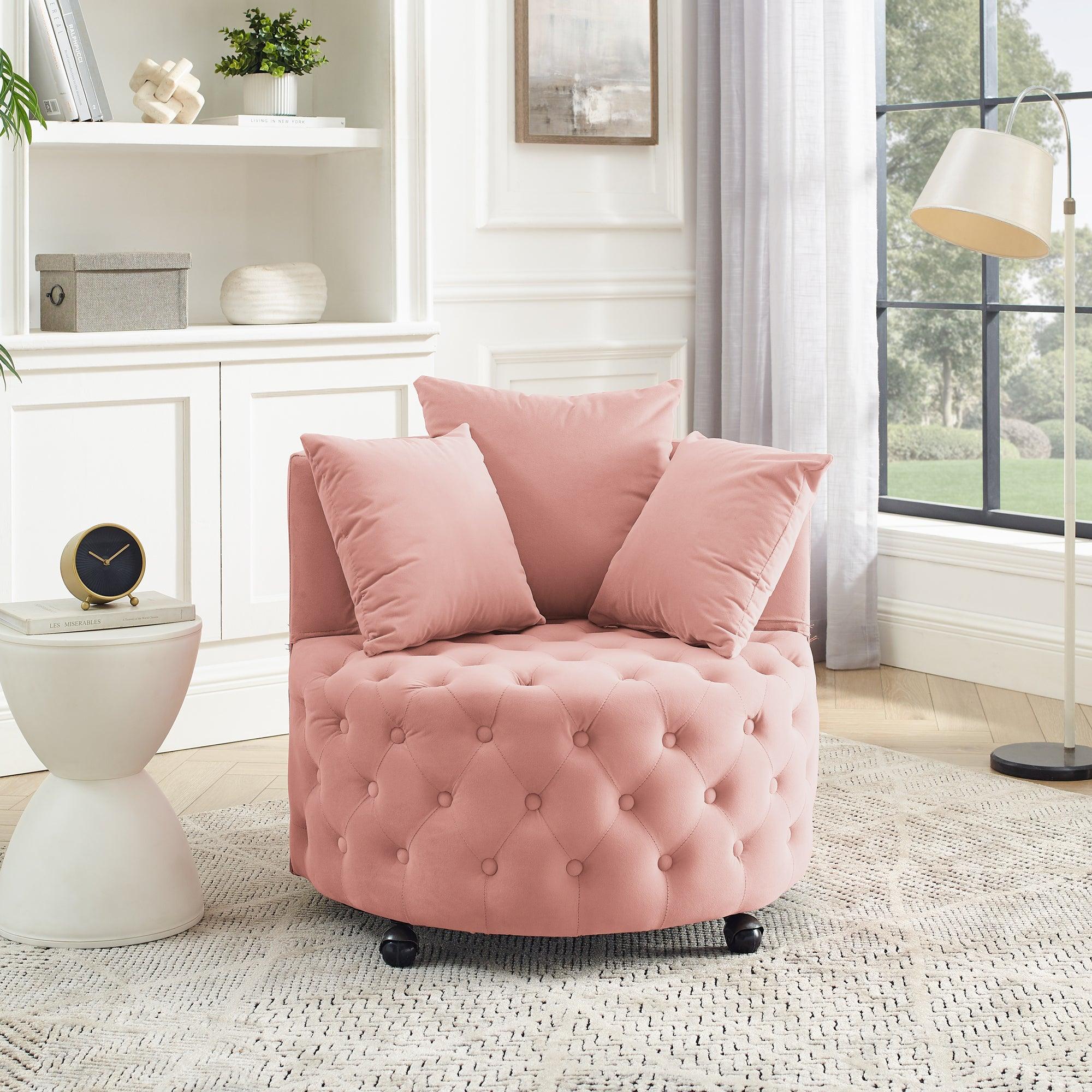 🆓🚛 Velvet Upholstered Swivel Chair for Living Room, With Button Tufted Design & Movable Wheels, Including 3 Pillows, Pink