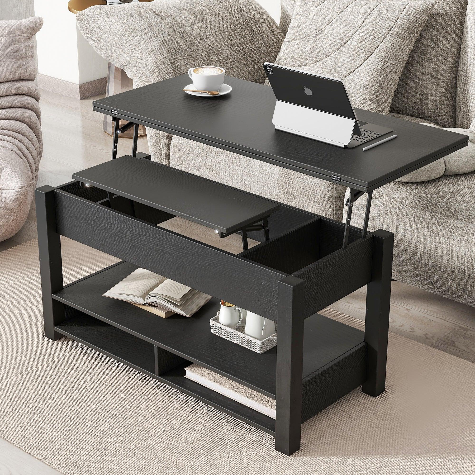 🆓🚛 Lift Top Coffee Table, Multi-Functional Coffee Table With Open Shelves, Modern Lift Tabletop Dining Table for Living Room, Home Office, Black