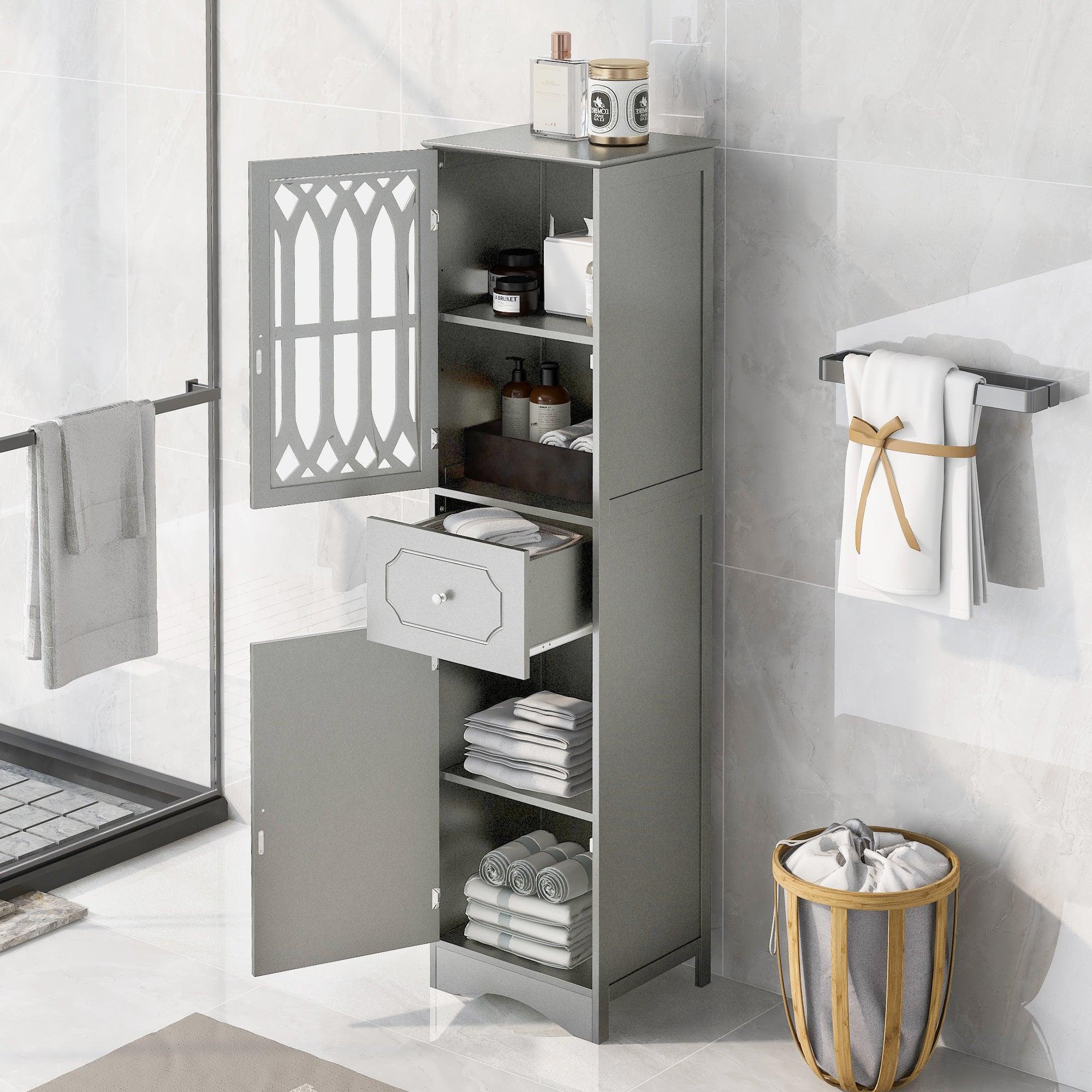 🆓🚛 Tall Bathroom Cabinet, Freestanding Storage Cabinet With Drawer & Doors, Acrylic Door, Adjustable Shelf, Gray