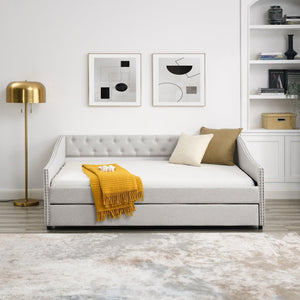 Full Size Daybed With Twin Size Trundle Upholstered Tufted Sofa Bed, With Button On Back And Copper Nail On Waved Shape Arms, Beige (80.5" X55.5" X27.5" )