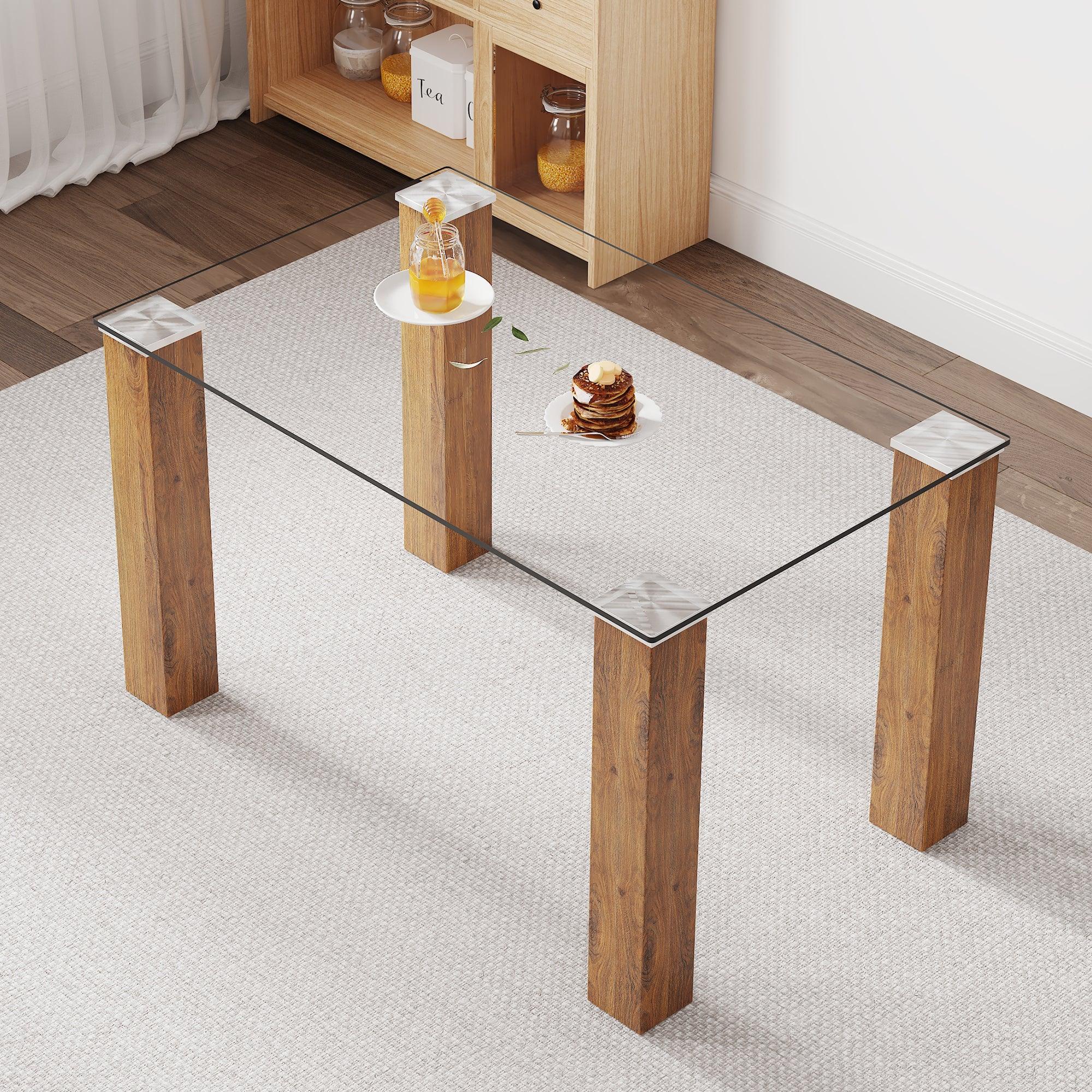 🆓🚛 Modern Minimalist Rectangular Dining Table Glass Desktop & Wooden Mdf Table Legs Suitable for Restaurants & Living Rooms