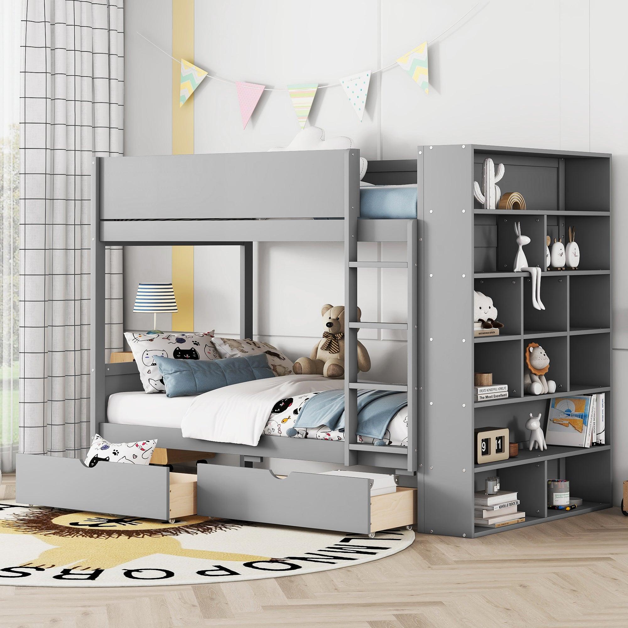 🆓🚛 Twin Over Twin Bunk Bed With 2 Drawers & Multi-Layer Cabinet, Gray