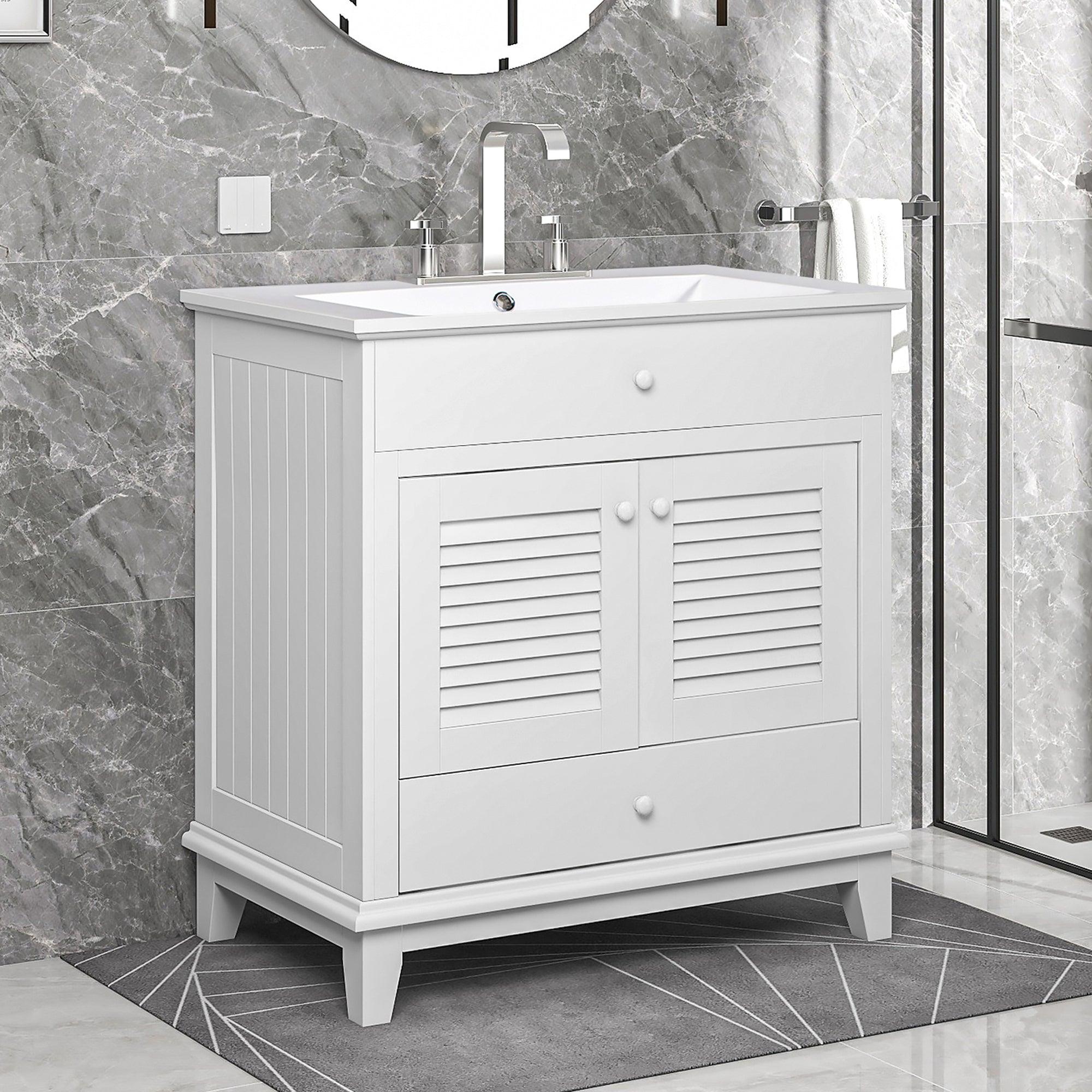 🆓🚛 30" Bathroom Vanity With Sink, Bathroom Cabinet With Two Doors & One Drawer, White