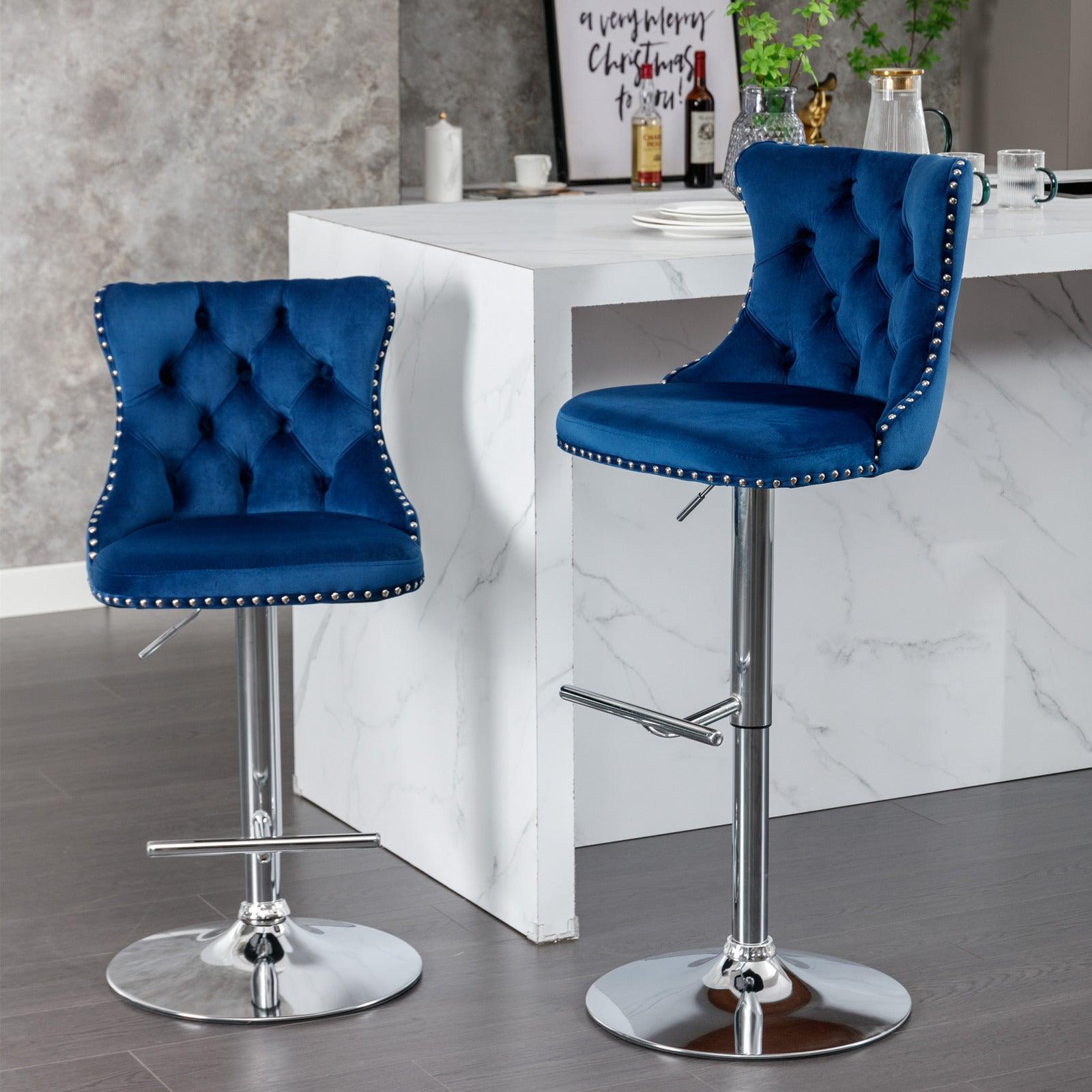 🆓🚛 Swivel Velvet Barstools Adjusatble Seat Height From 25-33 Inch, Modern Upholstered Chrome Base Bar Stools With Backs Comfortable Tufted for Home Pub & Kitchen Island（Blue, Set Of 2）