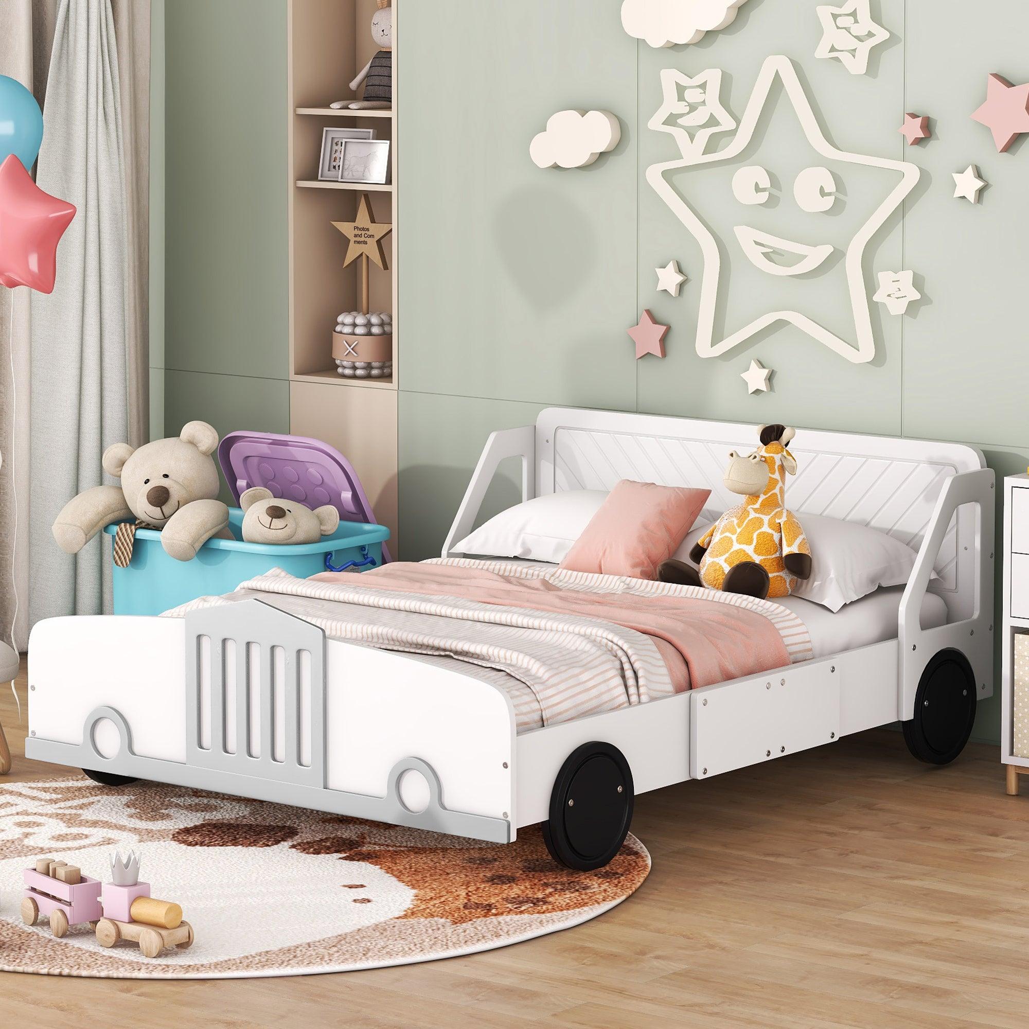 Full Size Car-Shaped Platform Bed with Wheels, White