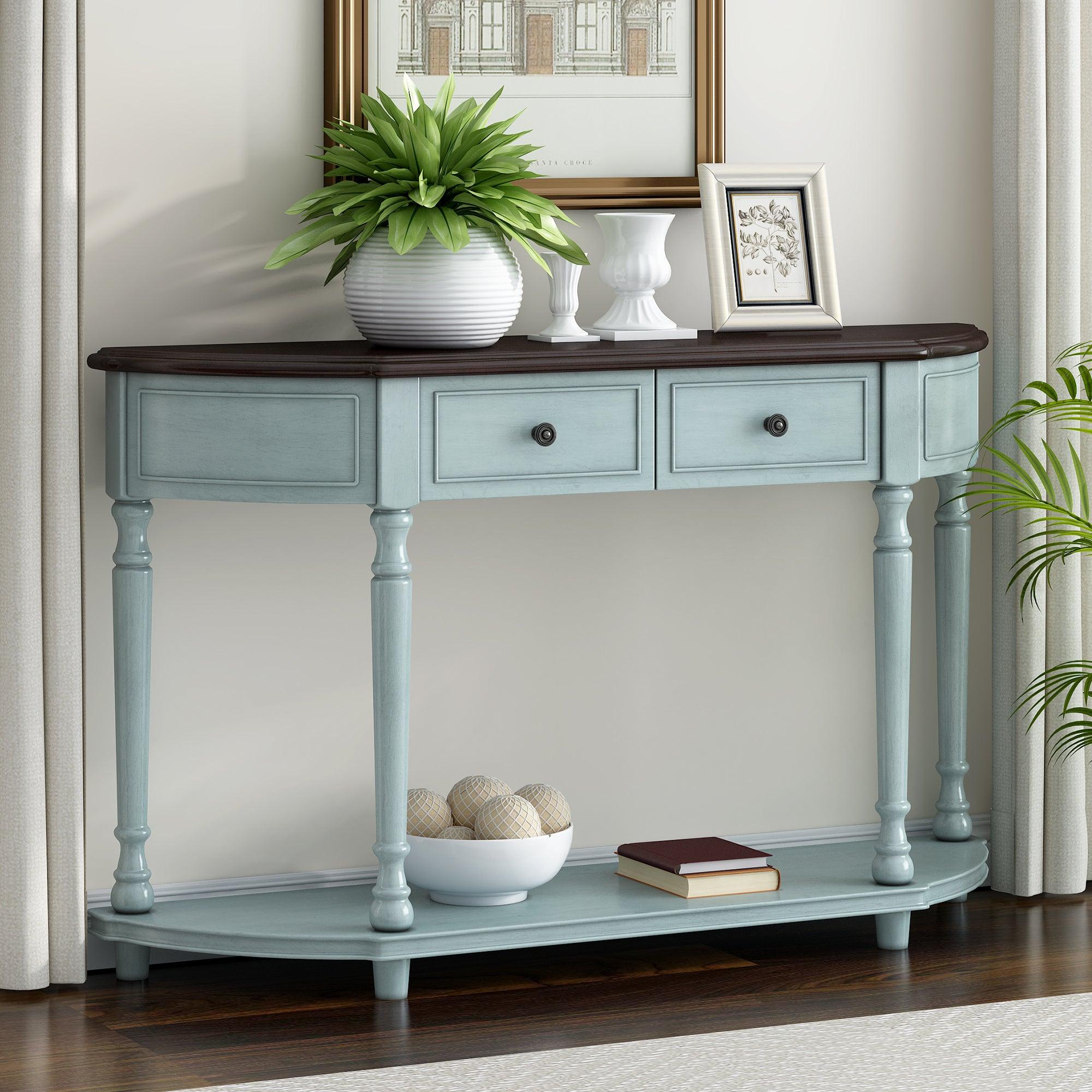 🆓🚛 Retro Circular Curved Design Console Table With Open Style Shelf Solid Wooden Frame & Legs Two Top Drawers, Cherry + Antique Blue,