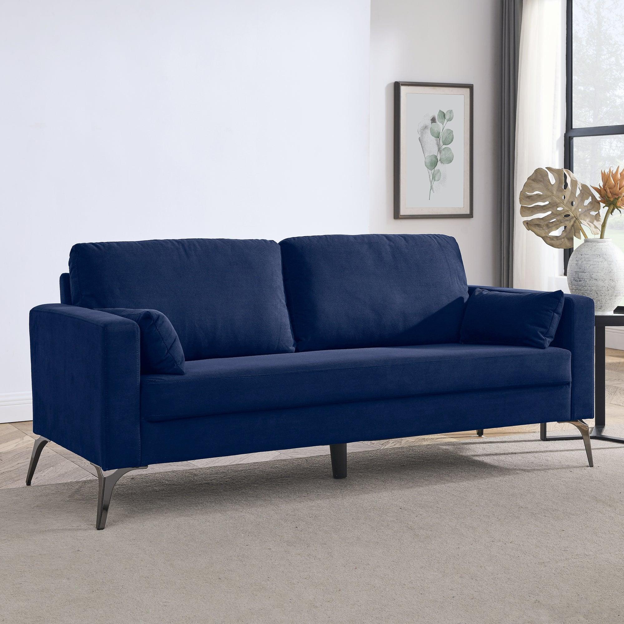 🆓🚛 3-Seater Sofa With Square Arms and Tight Back, With Two Small Pillows, Corduroy Navy