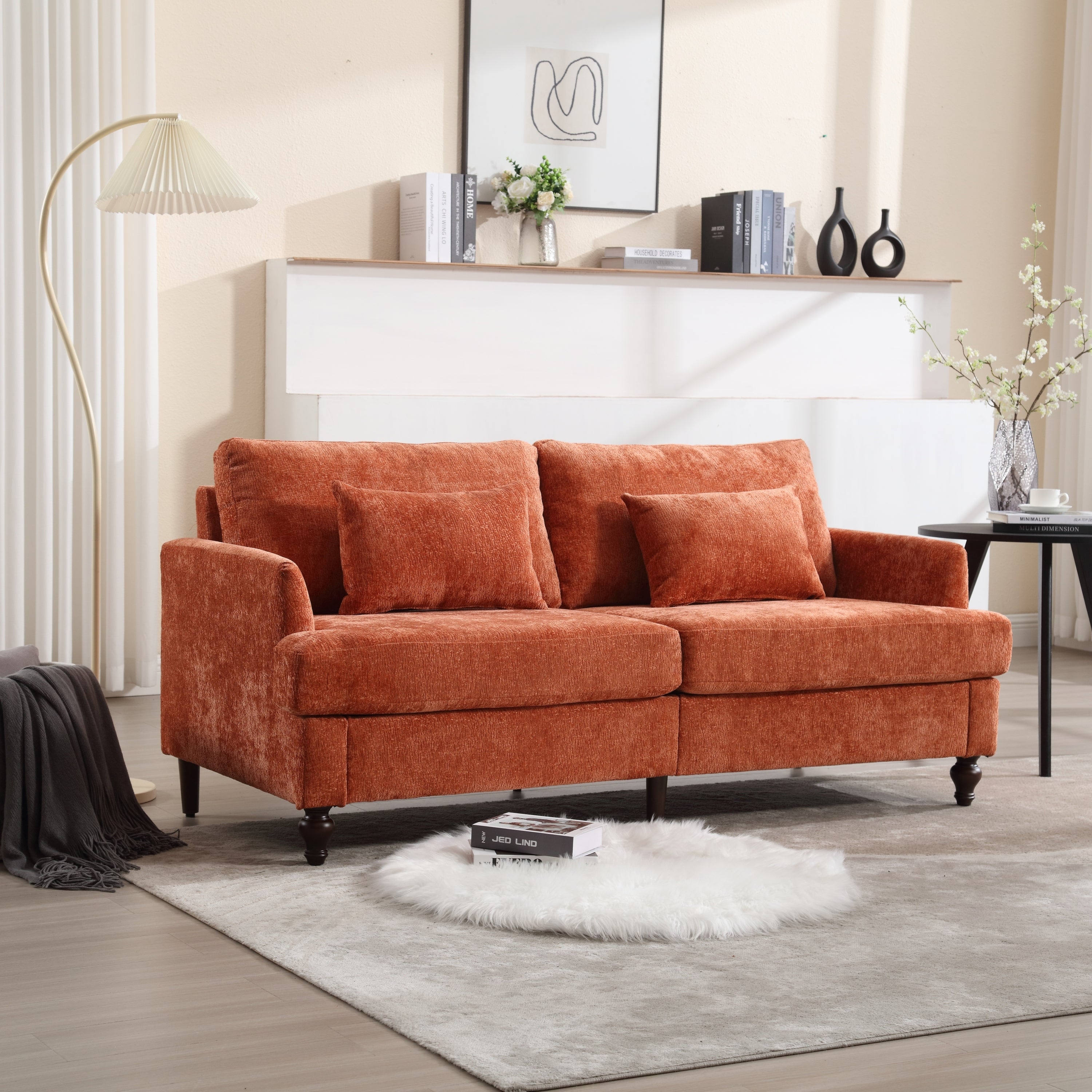 🆓🚛 68.9" Modern Chenille Fabric Loveseat, 2-Seat Upholstered Loveseat Sofa Modern Couch, Orange