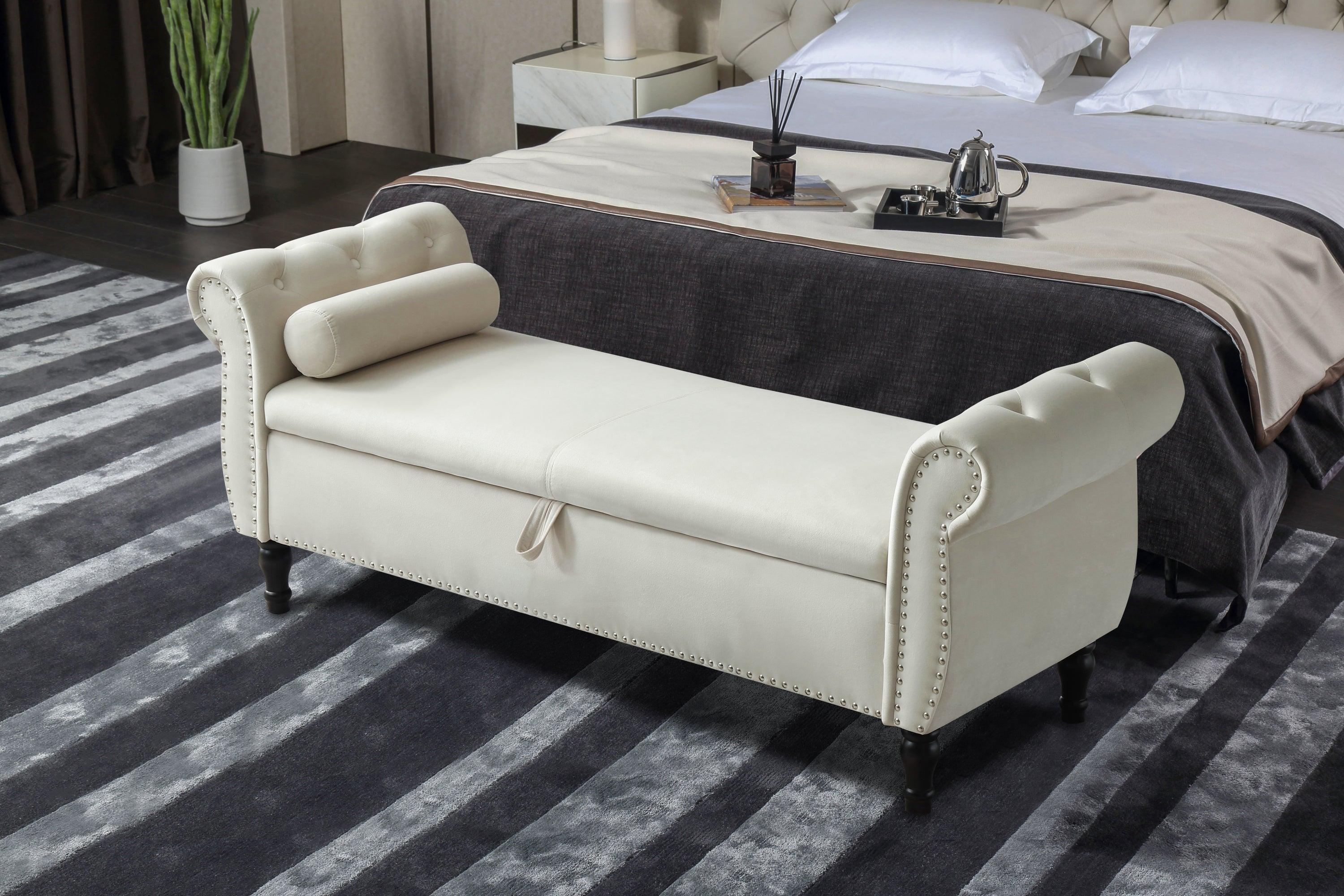 63" Velvet Multifunctional Storage Rectangular Sofa Stool Buttons Tufted Nailhead Trimmed Solid Wood Legs with 1 Pillow, Beige