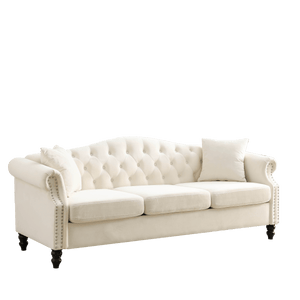 79" Chesterfield Sofa Beige Velvet For Living Room, 3 Seater Sofa Tufted Couch With Rolled Arms And Nailhead For Living Room, Bedroom, Office, Apartment, Two Pillows