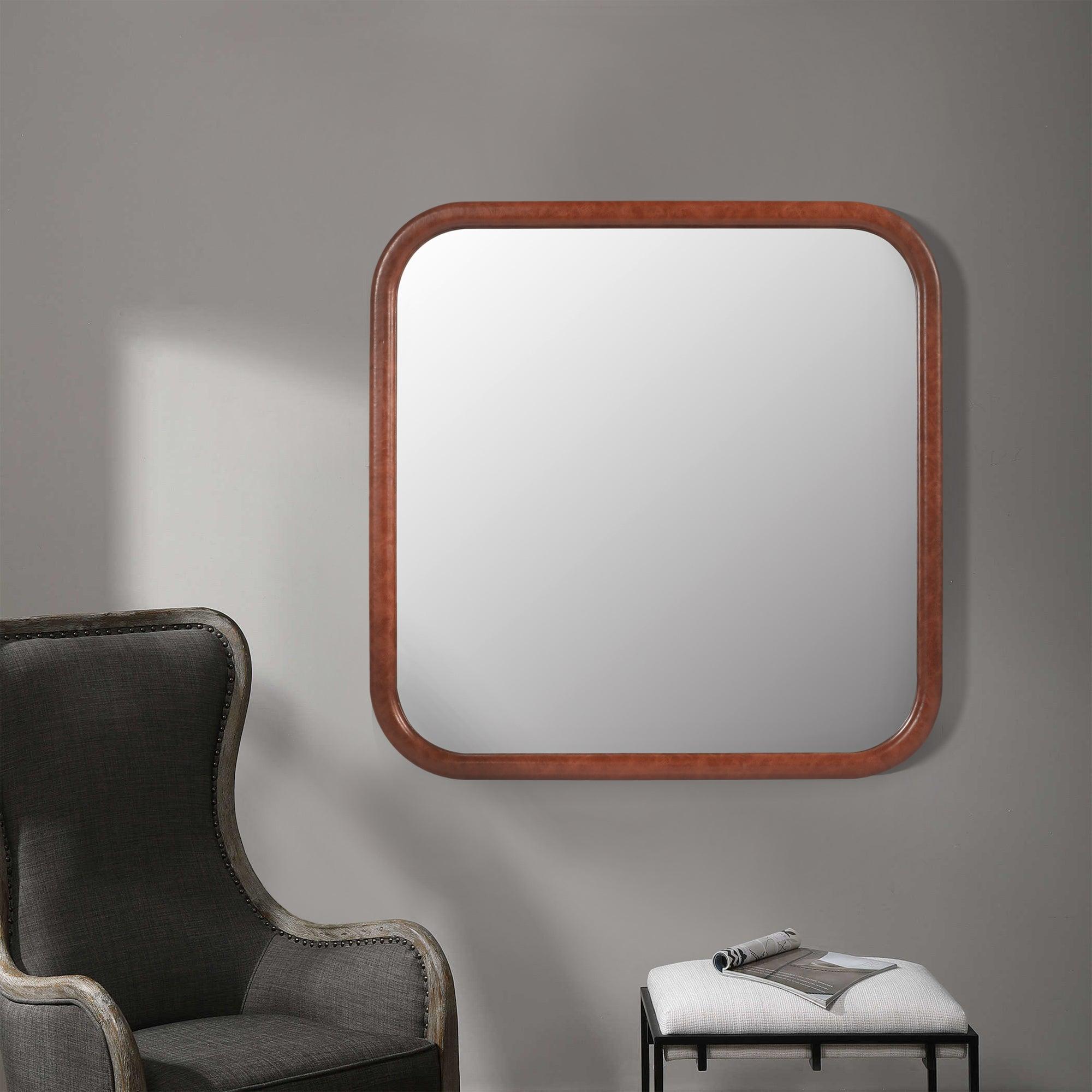 🆓🚛 Square Brown Decorative Wall Hanging Mirror, Pu Covered Mdf Framed Mirror for Bedroom Living Room Vanity Entryway Wall Decor, 23.62X23.62"