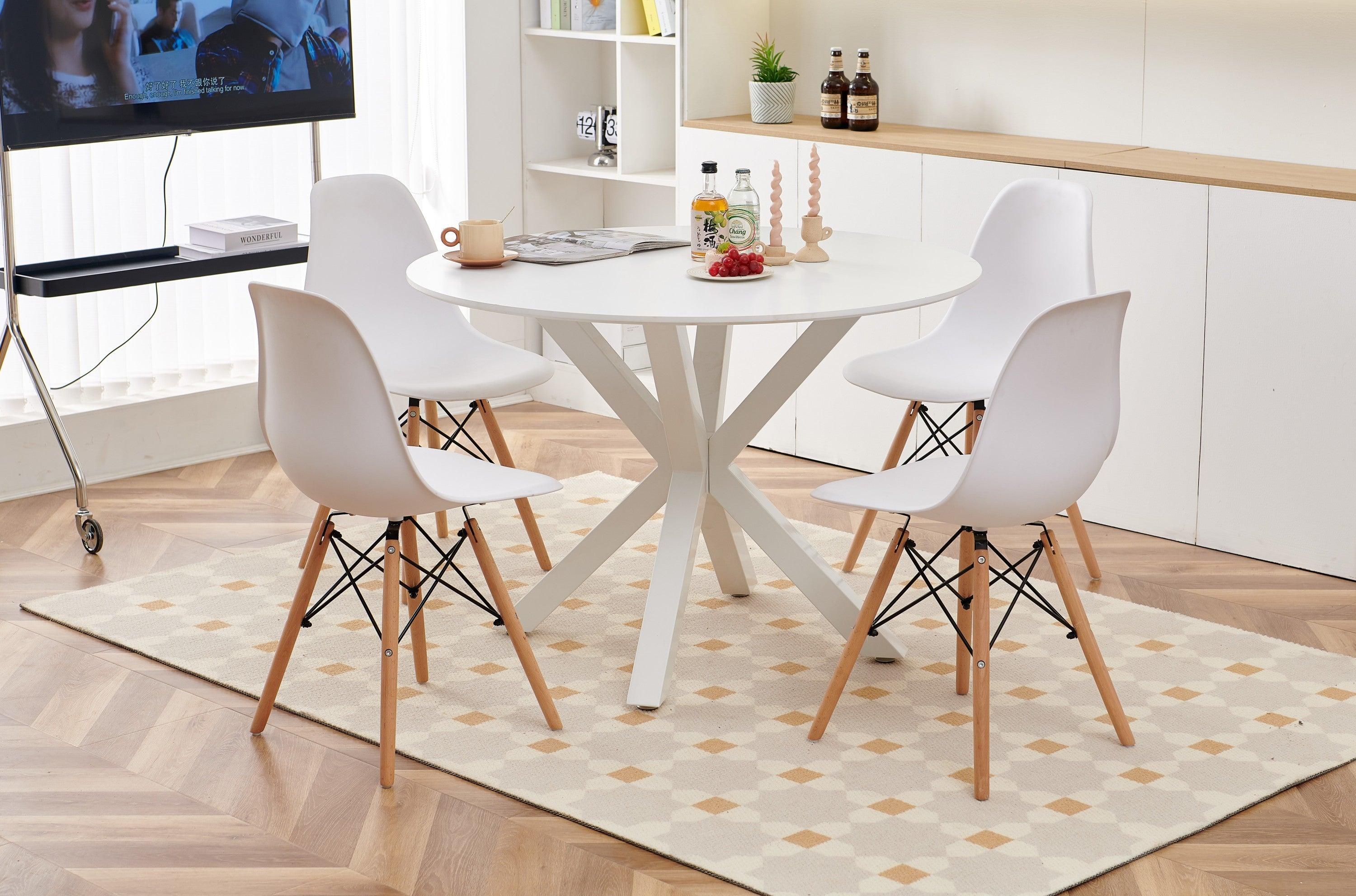 1+4, 5Pieces Dining Set, 42.1" WHITE Table Cross Leg Mid-Century Dining Table For 4-6 People With Round Mdf Table Top, Pedestal Dining Table, End Table Leisure Coffee Table