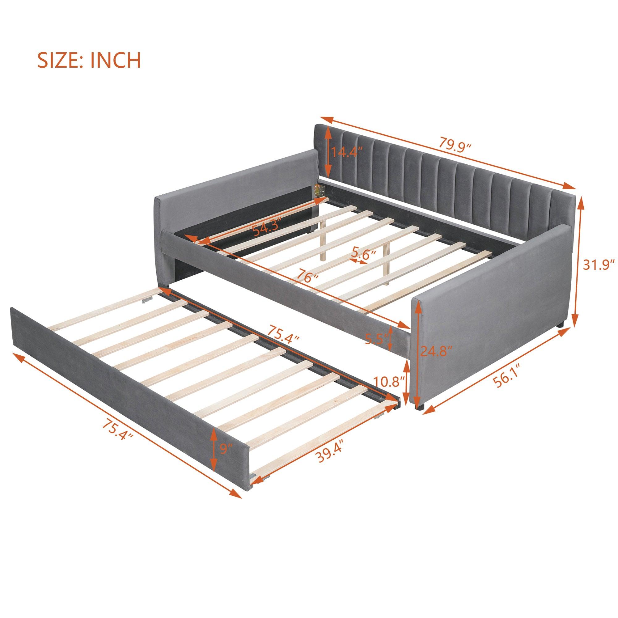 Full Size Upholstered Daybed With Trundle And Wood Slat Support, Gray