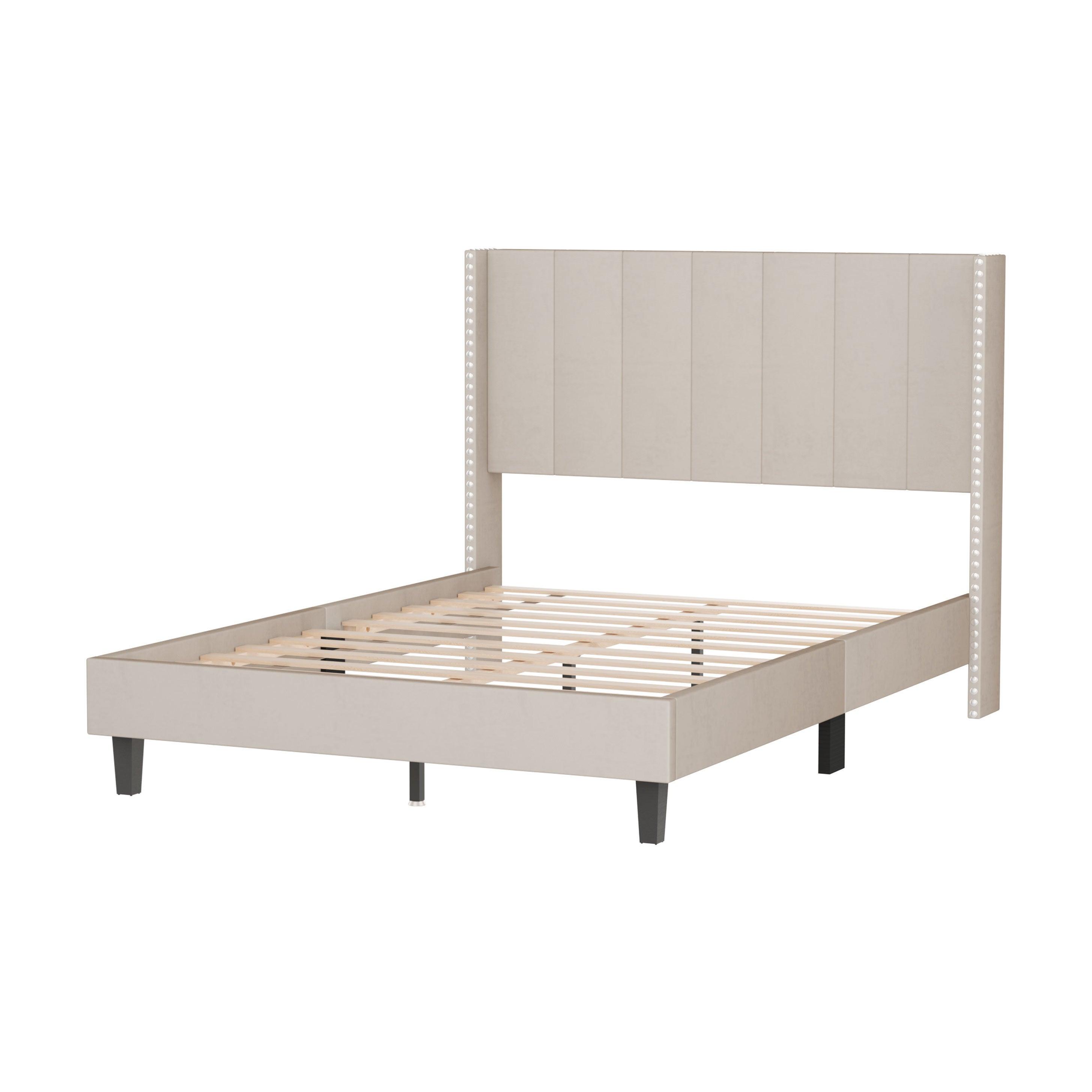🆓🚛 Velvet Upholstered Bed Frame With Vertical Channel Tufted Headboard, Modern Decorative Nailheads, Full Size Bed Frame Beige