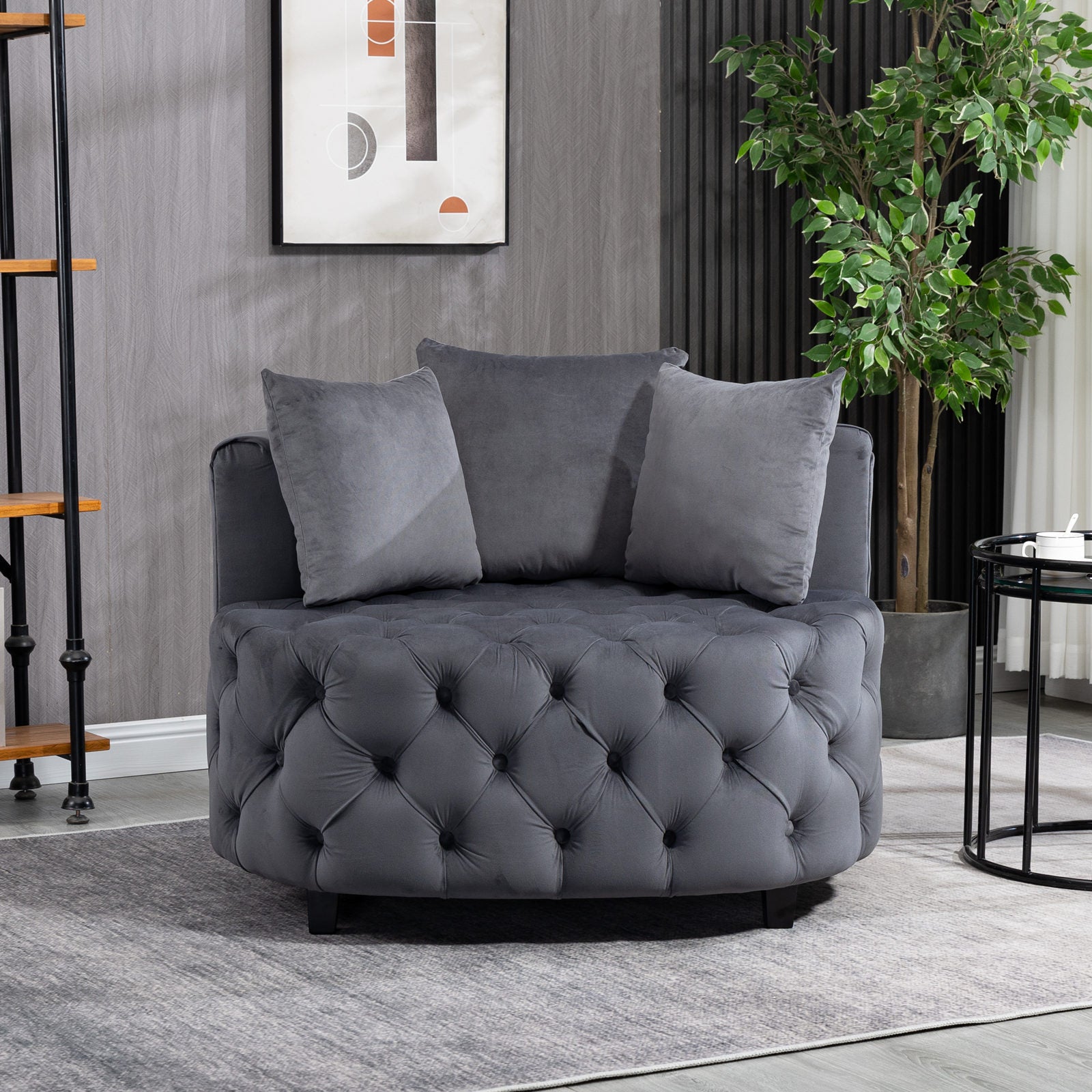 🆓🚛 Accent Chair / Classical Barrel Chair for Living Room / Modern Leisure Chair, Gray