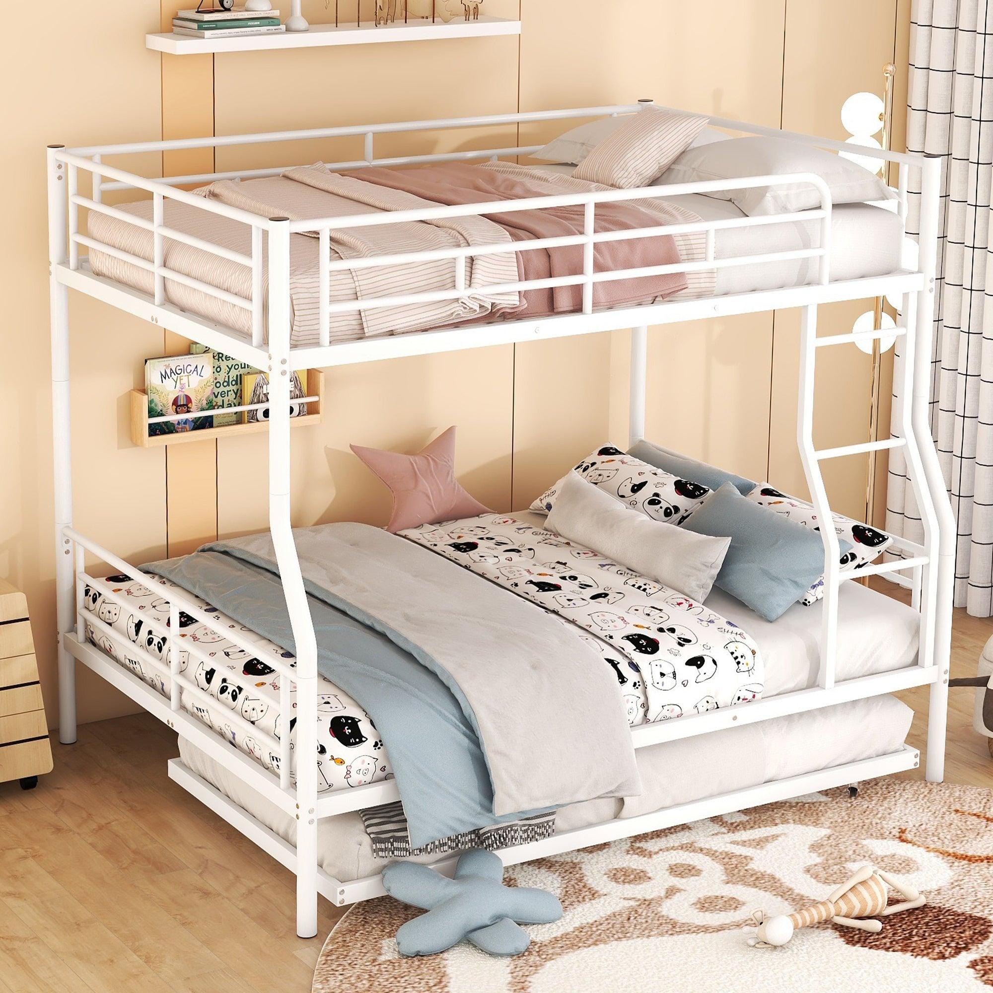 🆓🚛 Full Xl Over Queen Metal Bunk Bed With Trundle, White