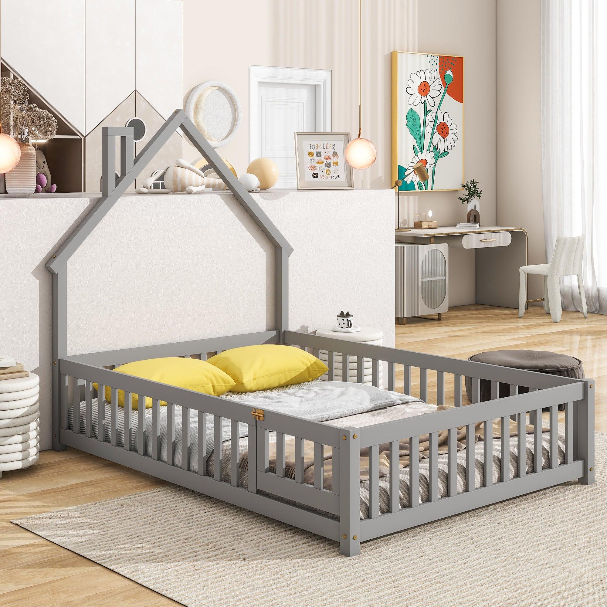 🆓🚛 Full House-Shaped Headboard Floor Bed With Fence, Gray