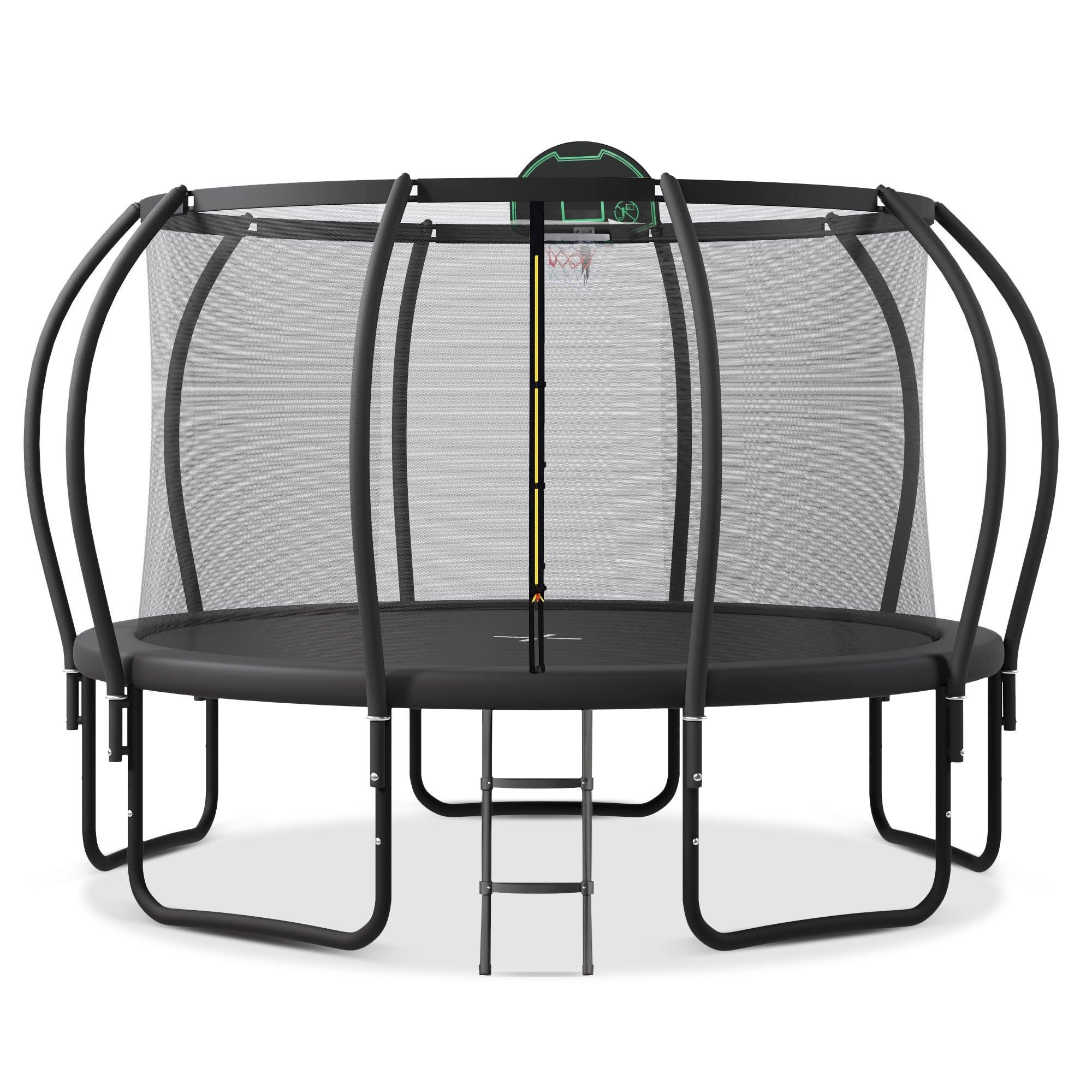 🆓🚛 12FT Trampoline for Kids With Upgraded ArcPole and Composite TopLoop for Safety Enclosure + Basketball Board and 10 Ground Stakes