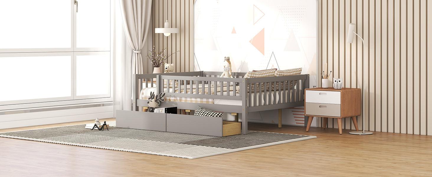 Full Size Daybed Wood Bed With Two Drawers, Gray