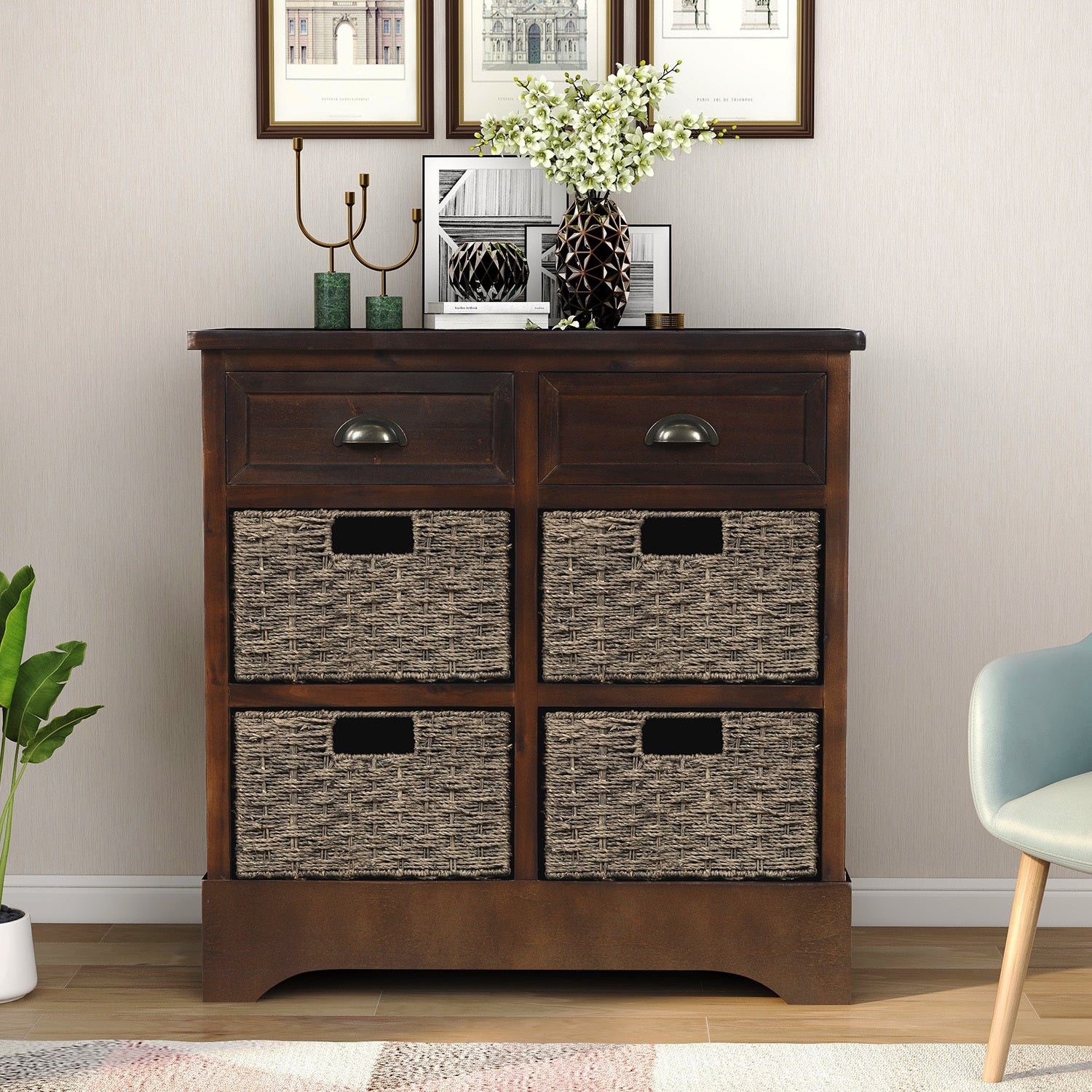 🆓🚛 Rustic Storage Cabinet With Two Drawers and Four Classic Rattan Basket for Dining Room/Living Room (Espresso)