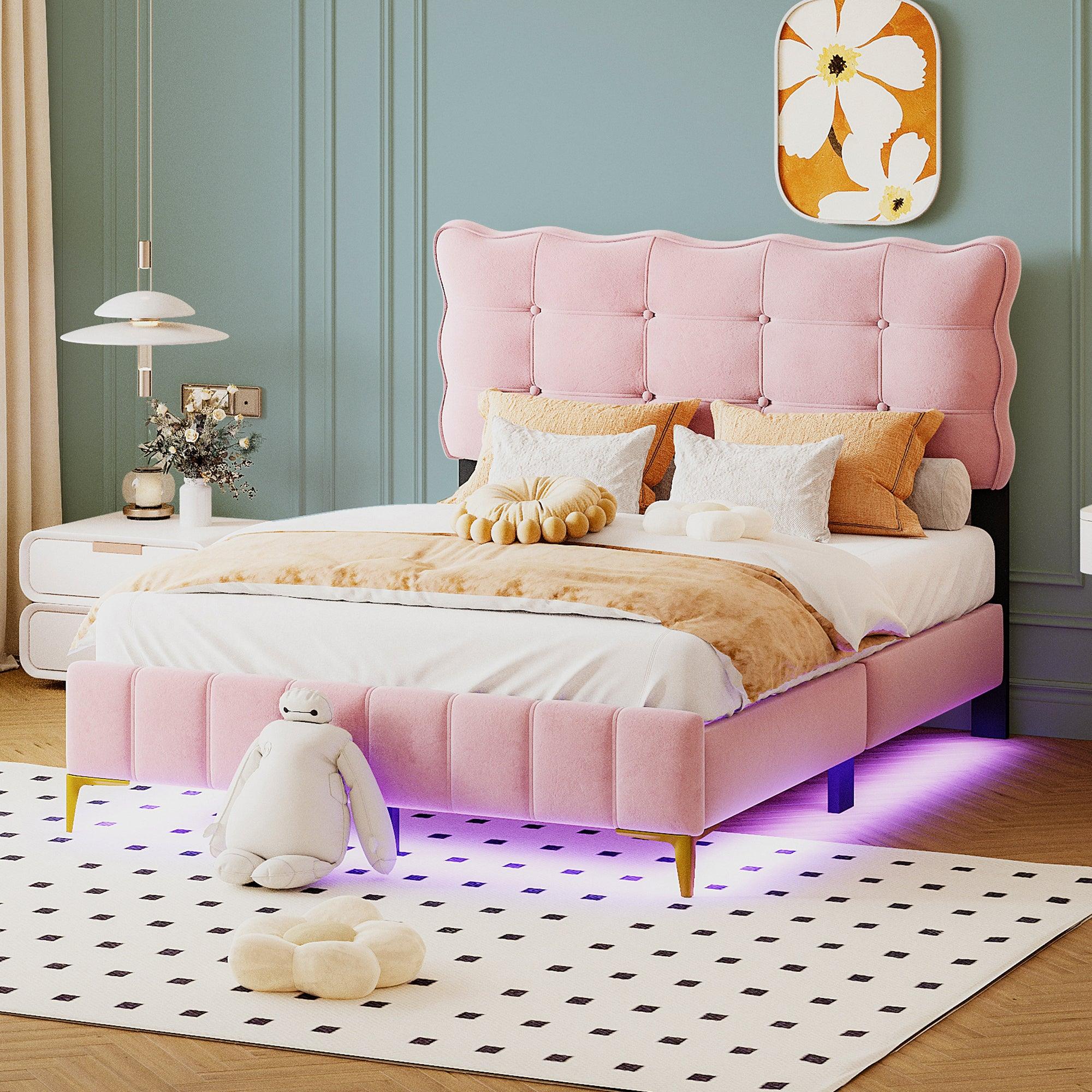🆓🚛 Full Size Velvet Platform Bed With Led Frame and Stylish Mental Bed Legs, Pink