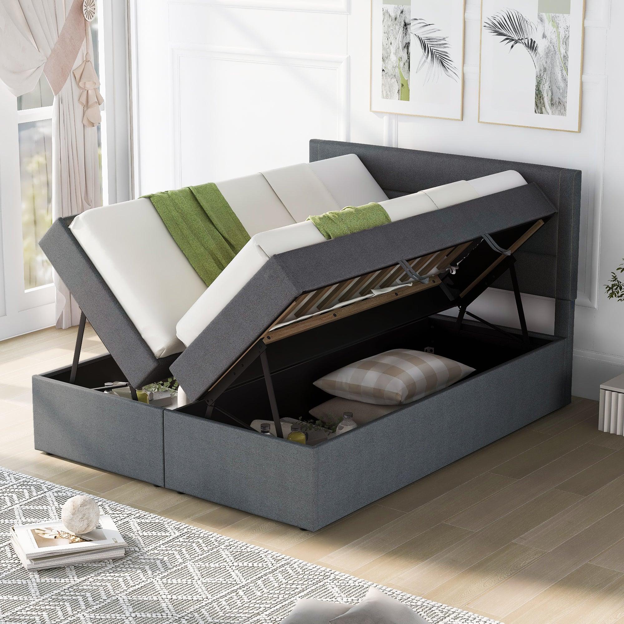🆓🚛 Queen Size Upholstered Platform Bed With Storage Underneath, Gray