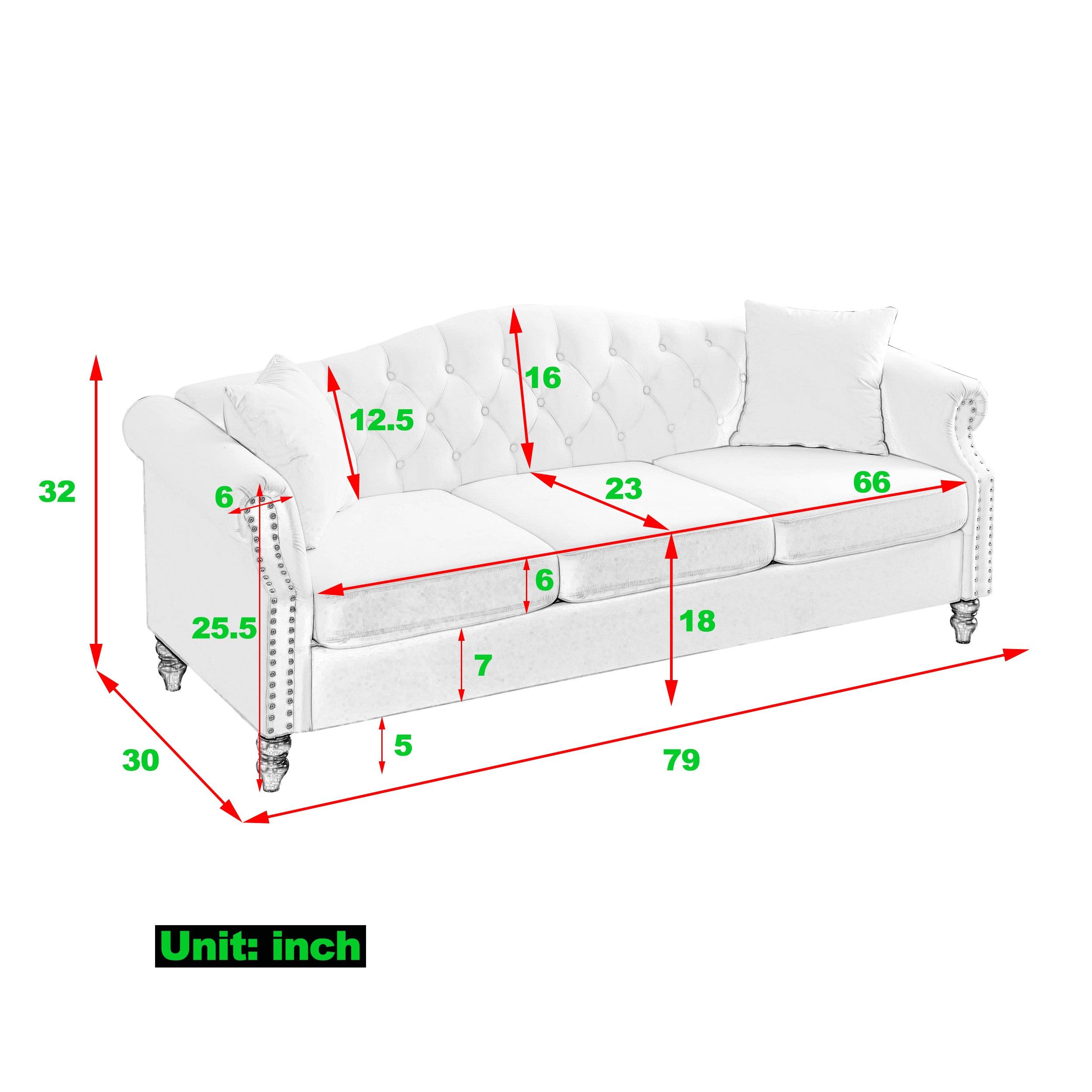 79" Chesterfield Sofa Beige Velvet For Living Room, 3 Seater Sofa Tufted Couch With Rolled Arms And Nailhead For Living Room, Bedroom, Office, Apartment, Two Pillows