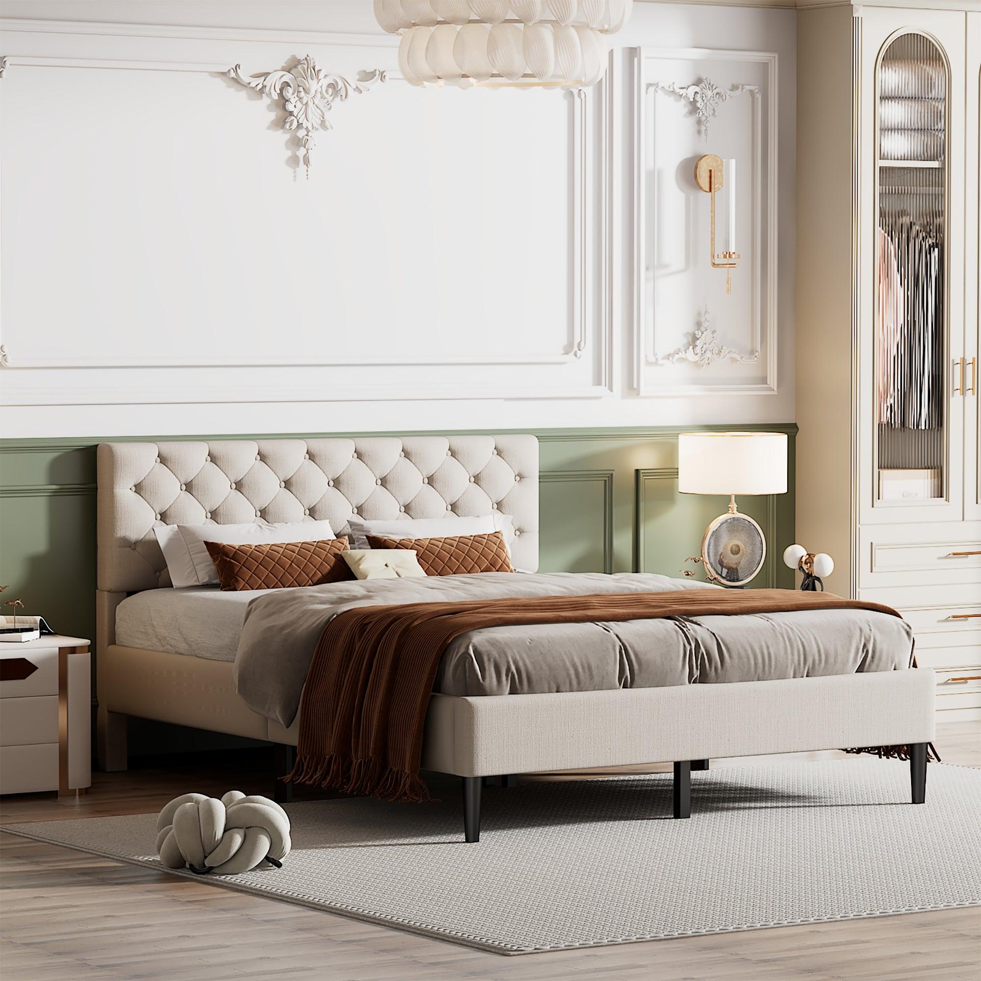 🆓🚛 Upholstered Linen Platform Bed, Queen Size, Beige