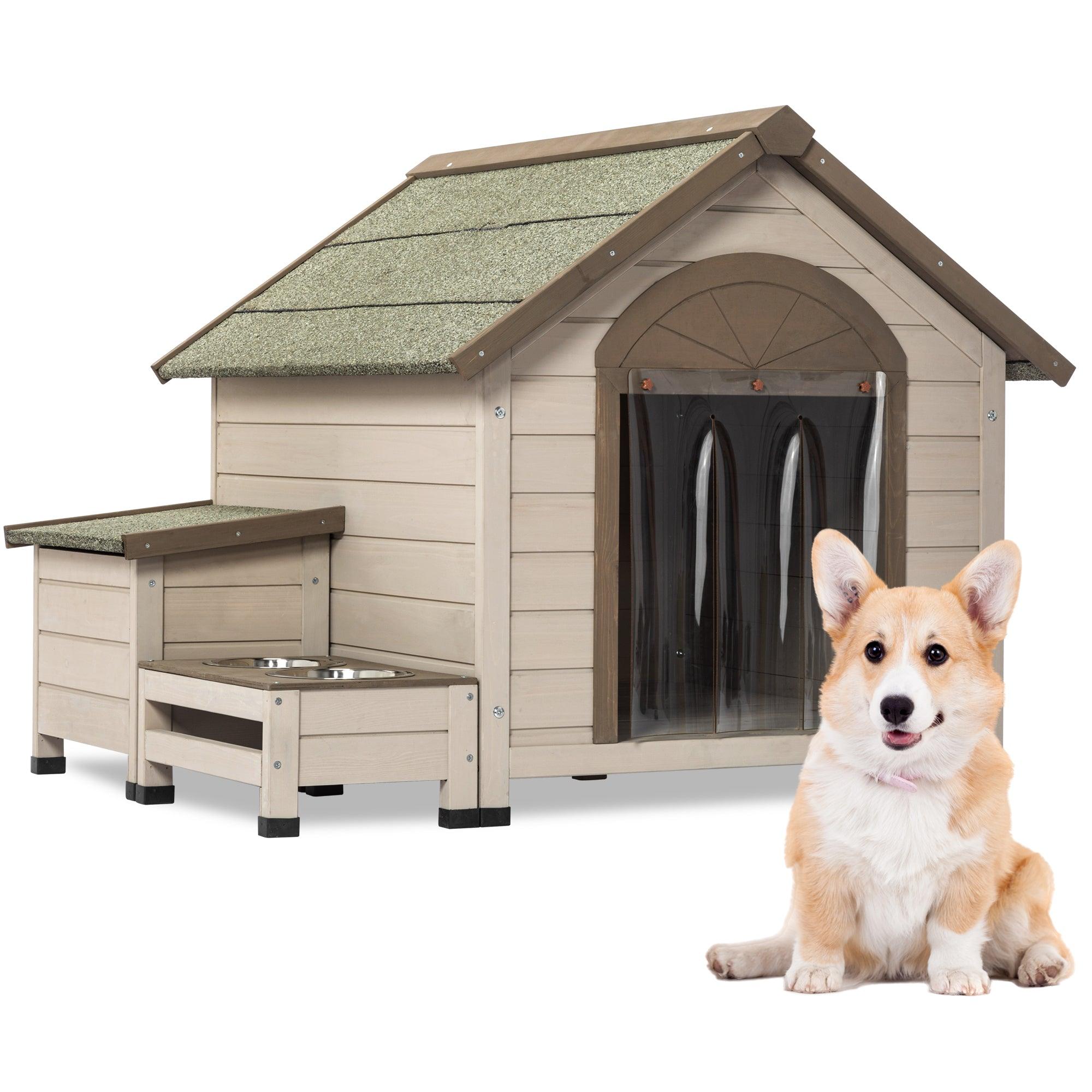 🆓🚛 Outdoor Fir Wood Dog House With An Open Roof Ideal for Small To Medium Dogs With Storage Box, Elevated Feeding Station With 2 Bowls Weatherproof Asphalt Roof & Treated Wood.