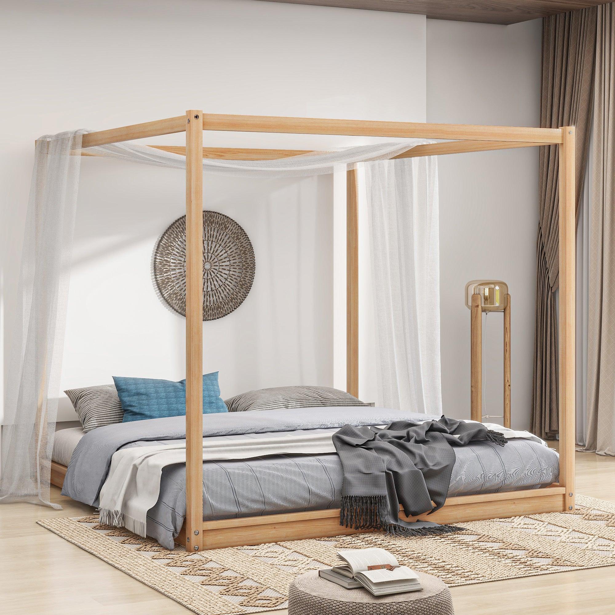 🆓🚛 King Size Canopy Platform Bed With Support Legs, Natural