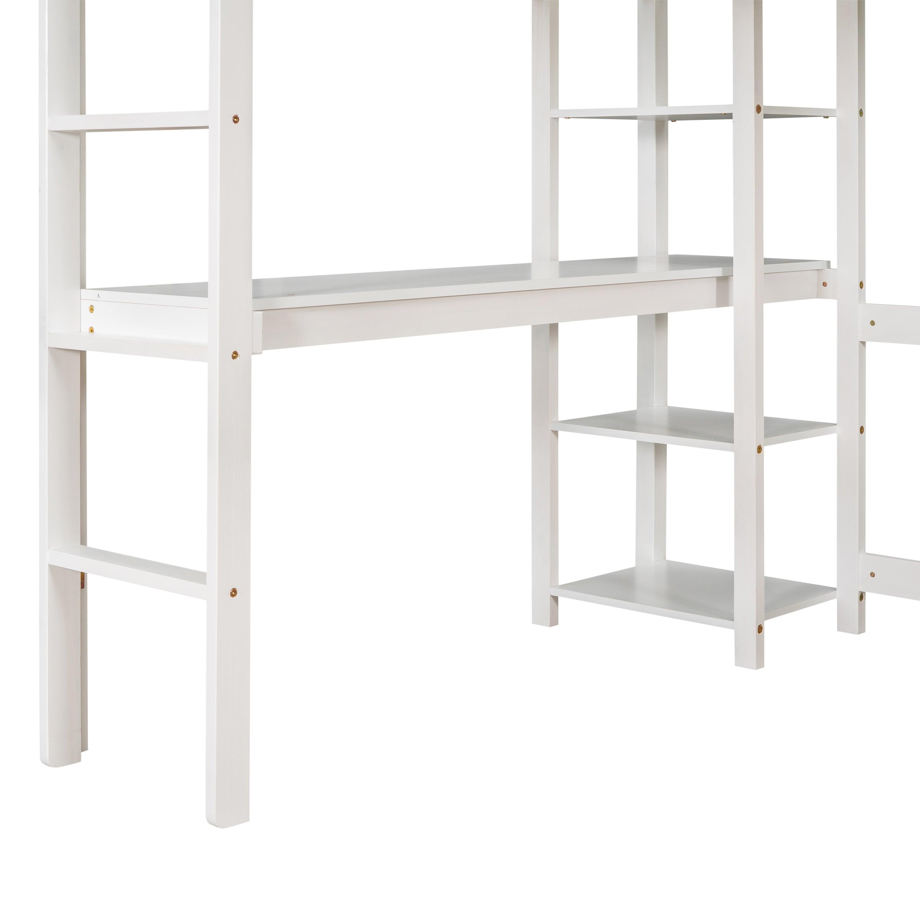 Full Loft Bed With Desk And Shelves, Perfect For Kids, White