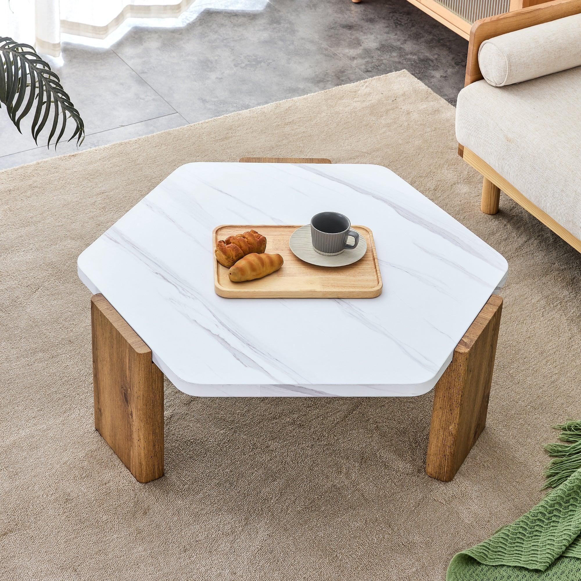 🆓🚛 Modern Practical Mdf Coffee Table With White Tabletop & Wooden Toned Legs Suitable for Living Rooms & Guest Rooms.